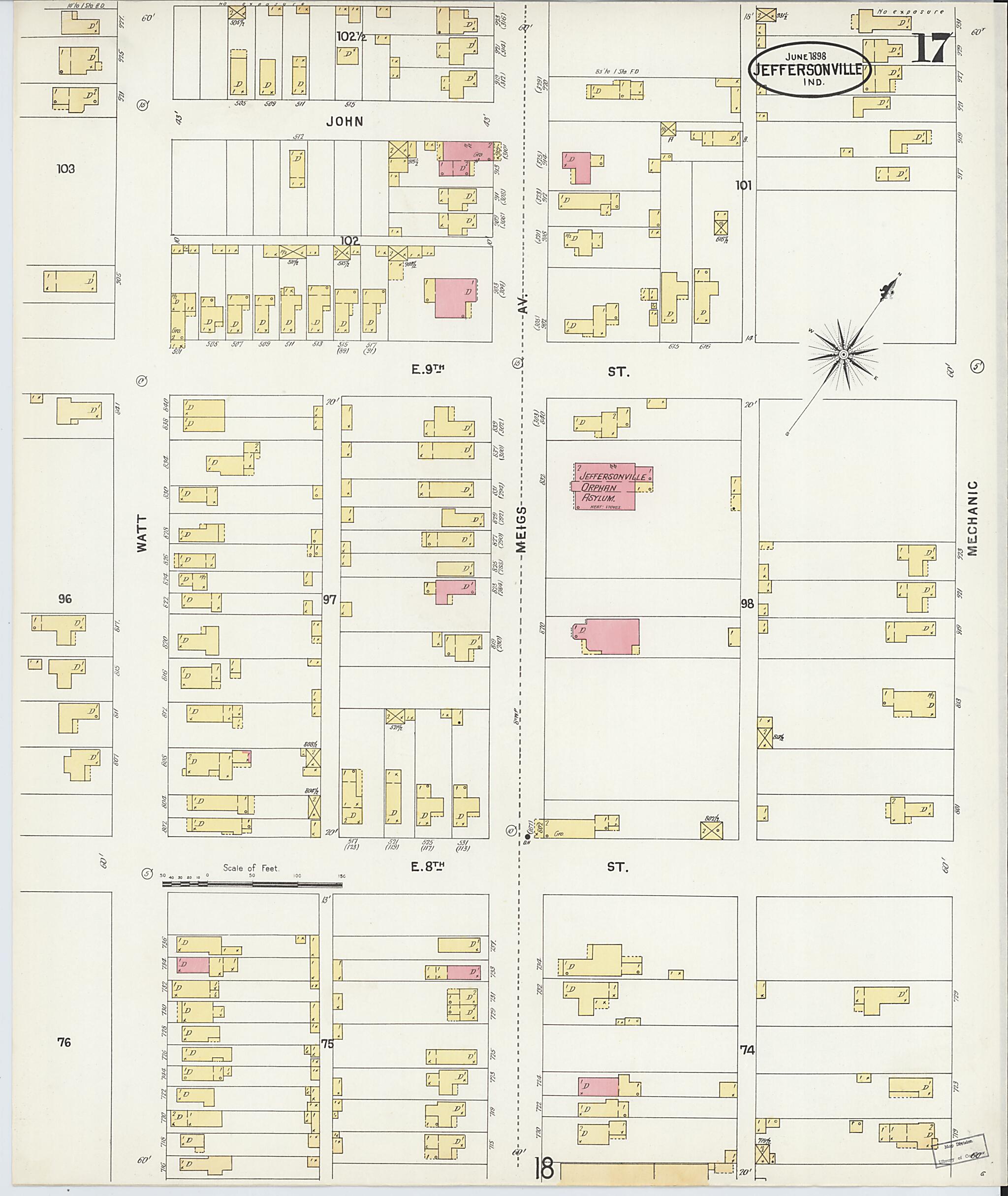 This old map of Jeffersonville, Clark County, Indiana was created by Sanborn Map Company in 1898