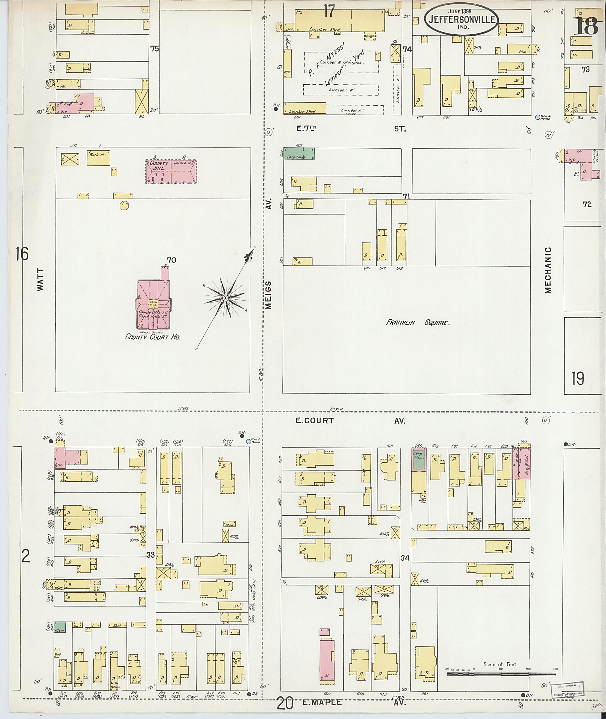 This old map of Jeffersonville, Clark County, Indiana was created by Sanborn Map Company in 1898