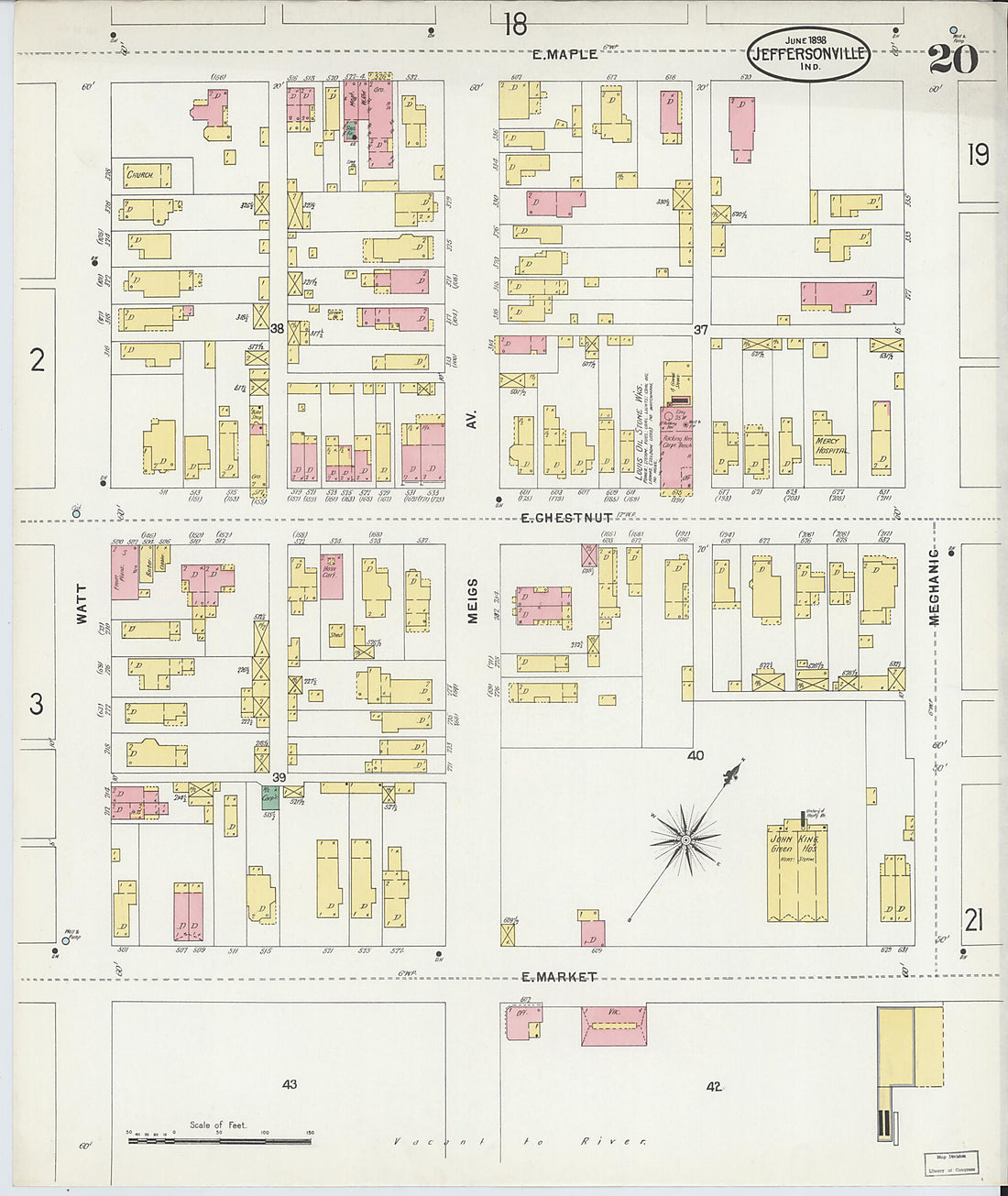 This old map of Jeffersonville, Clark County, Indiana was created by Sanborn Map Company in 1898