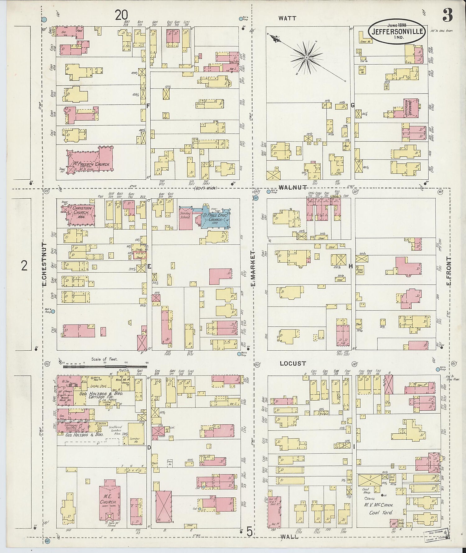 This old map of Jeffersonville, Clark County, Indiana was created by Sanborn Map Company in 1898