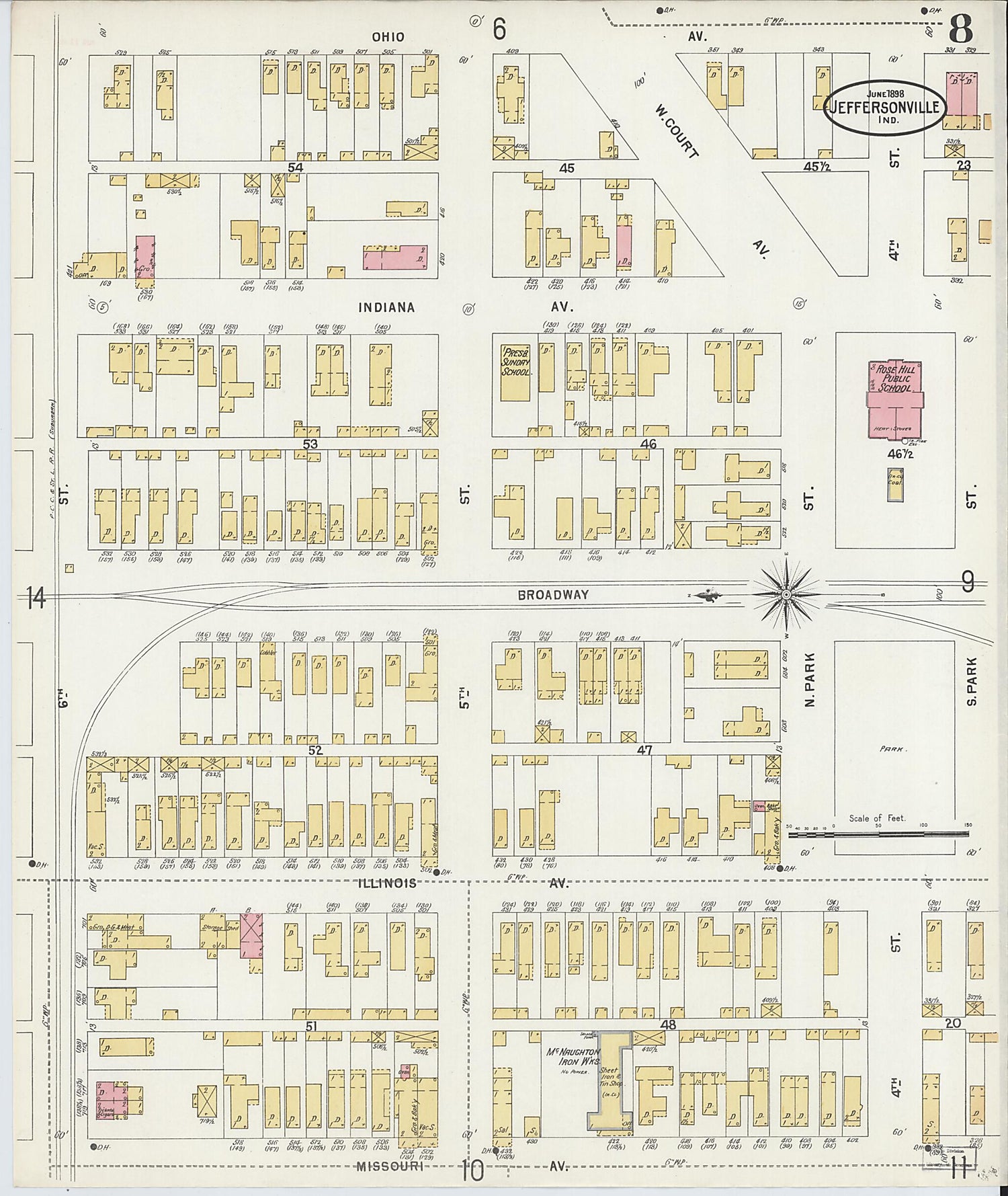 This old map of Jeffersonville, Clark County, Indiana was created by Sanborn Map Company in 1898