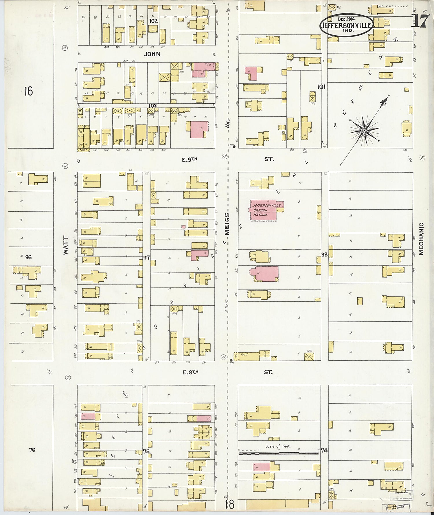 This old map of Jeffersonville, Clark County, Indiana was created by Sanborn Map Company in 1904