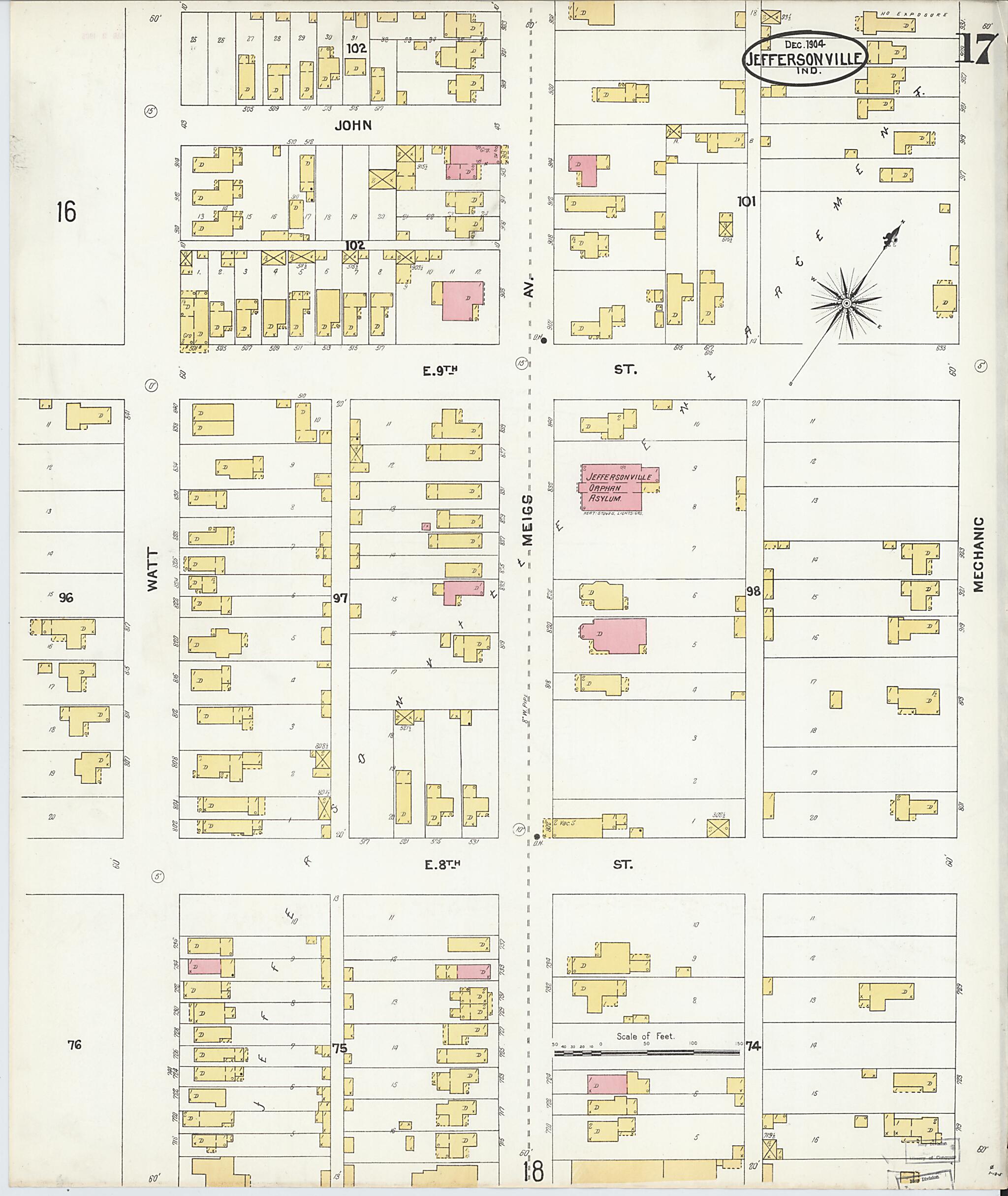 This old map of Jeffersonville, Clark County, Indiana was created by Sanborn Map Company in 1904