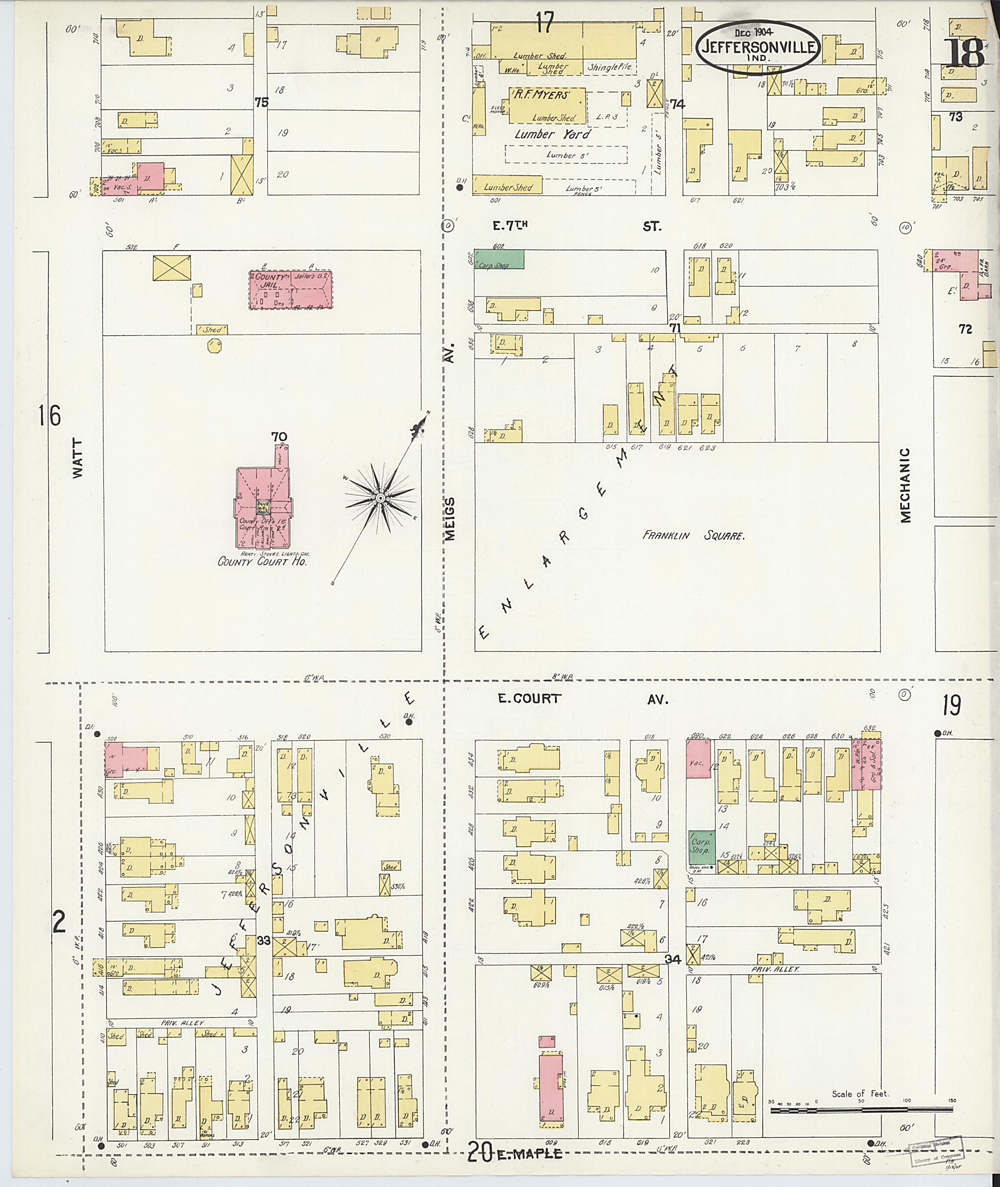 This old map of Jeffersonville, Clark County, Indiana was created by Sanborn Map Company in 1904