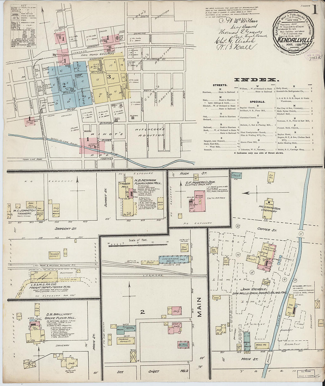 This old map of Kendallville, Noble County, Indiana was created by Sanborn Map Company in 1886