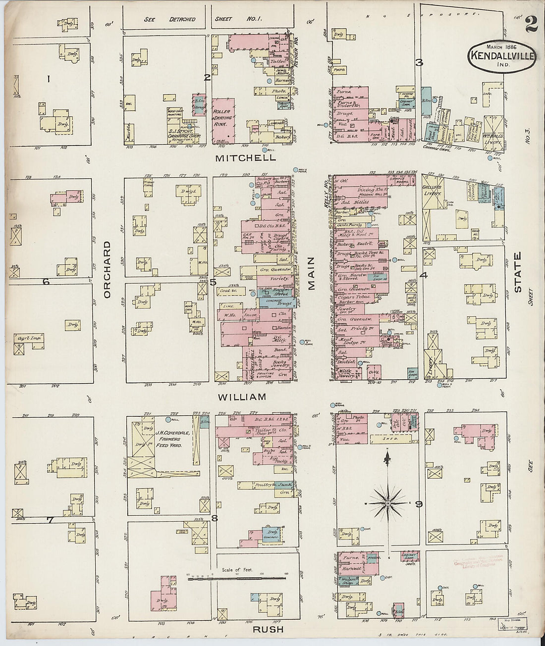 This old map of Kendallville, Noble County, Indiana was created by Sanborn Map Company in 1886