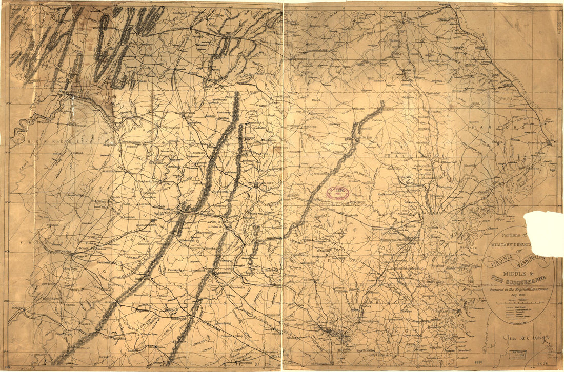 This old map of Portions of the Military Departments of Virginia, Washington, Middle &amp; the Susquehanna, Portions of the Military Departments of Virginia, Washington, Middle &amp; the Susquehanna from 1863, 1863 was created by Denis Callahan, Montgomery C. (M