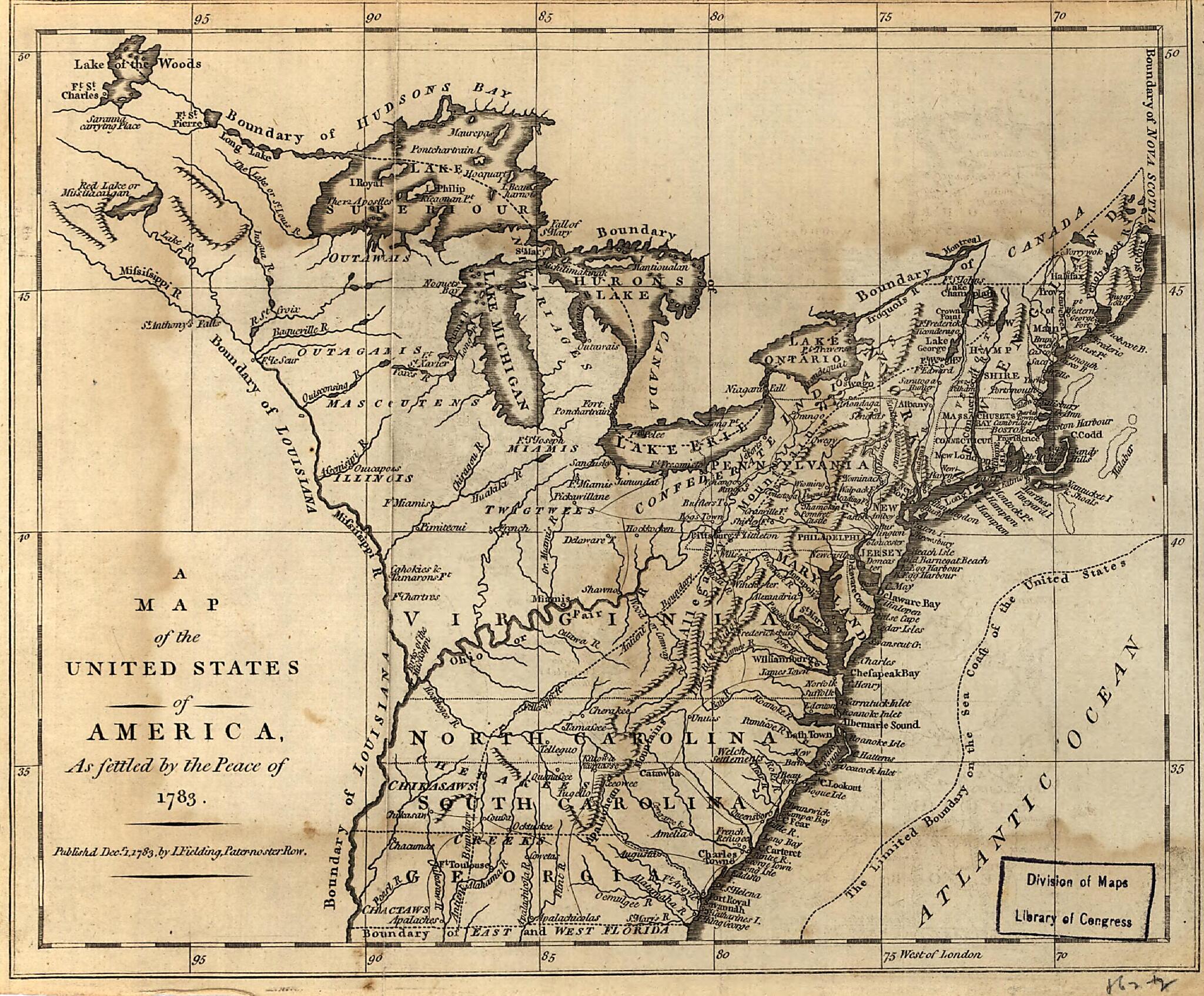 This old map of A Map of the United States of America, As Settled by the Peace of from 1783 was created by John Fielding in 1783