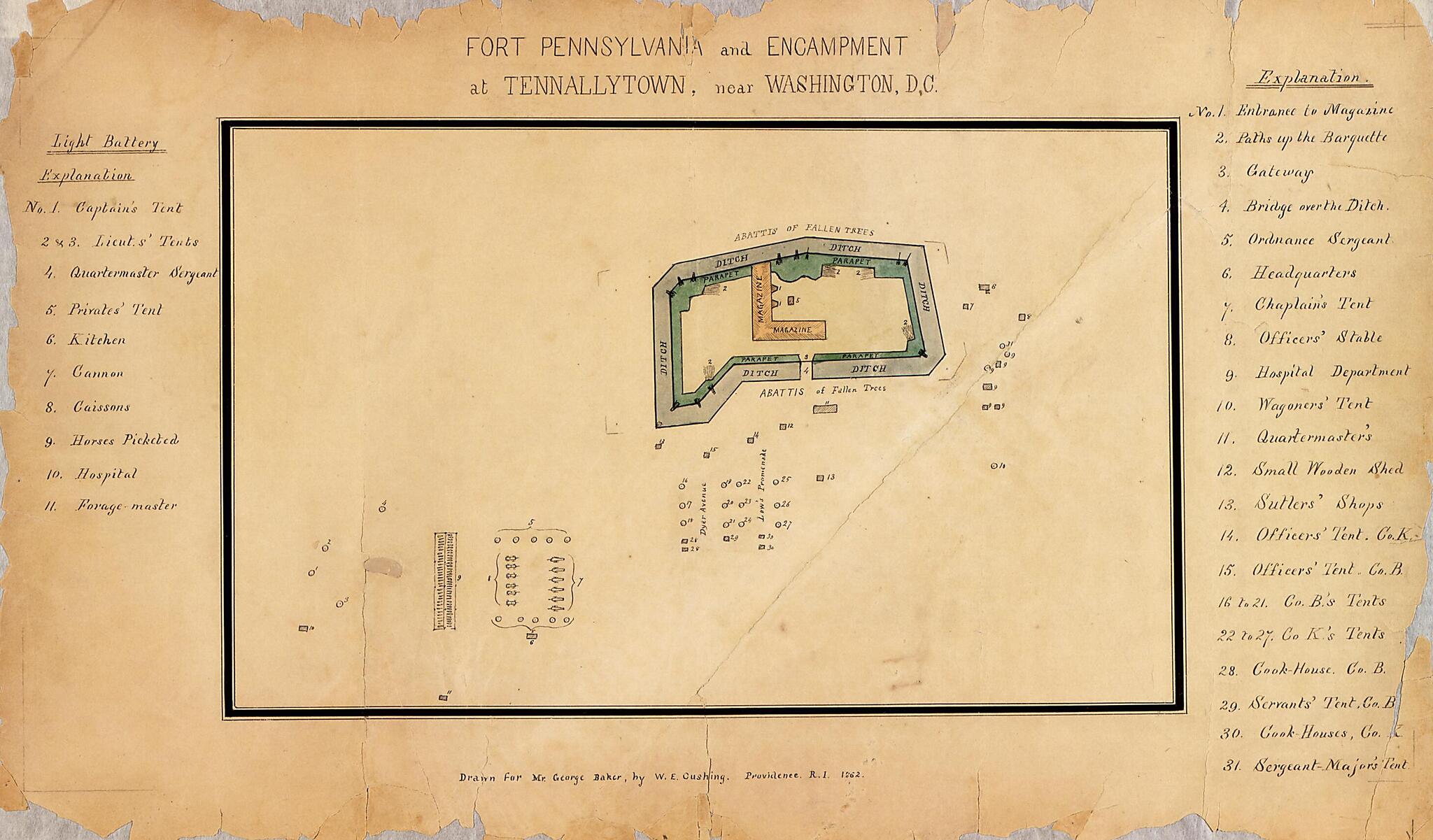 This old map of Fort Pennsylvania and Encampment at Tennallytown Near Washington, D.C from 1862 was created by George Baker, W. E. Cushing in 1862