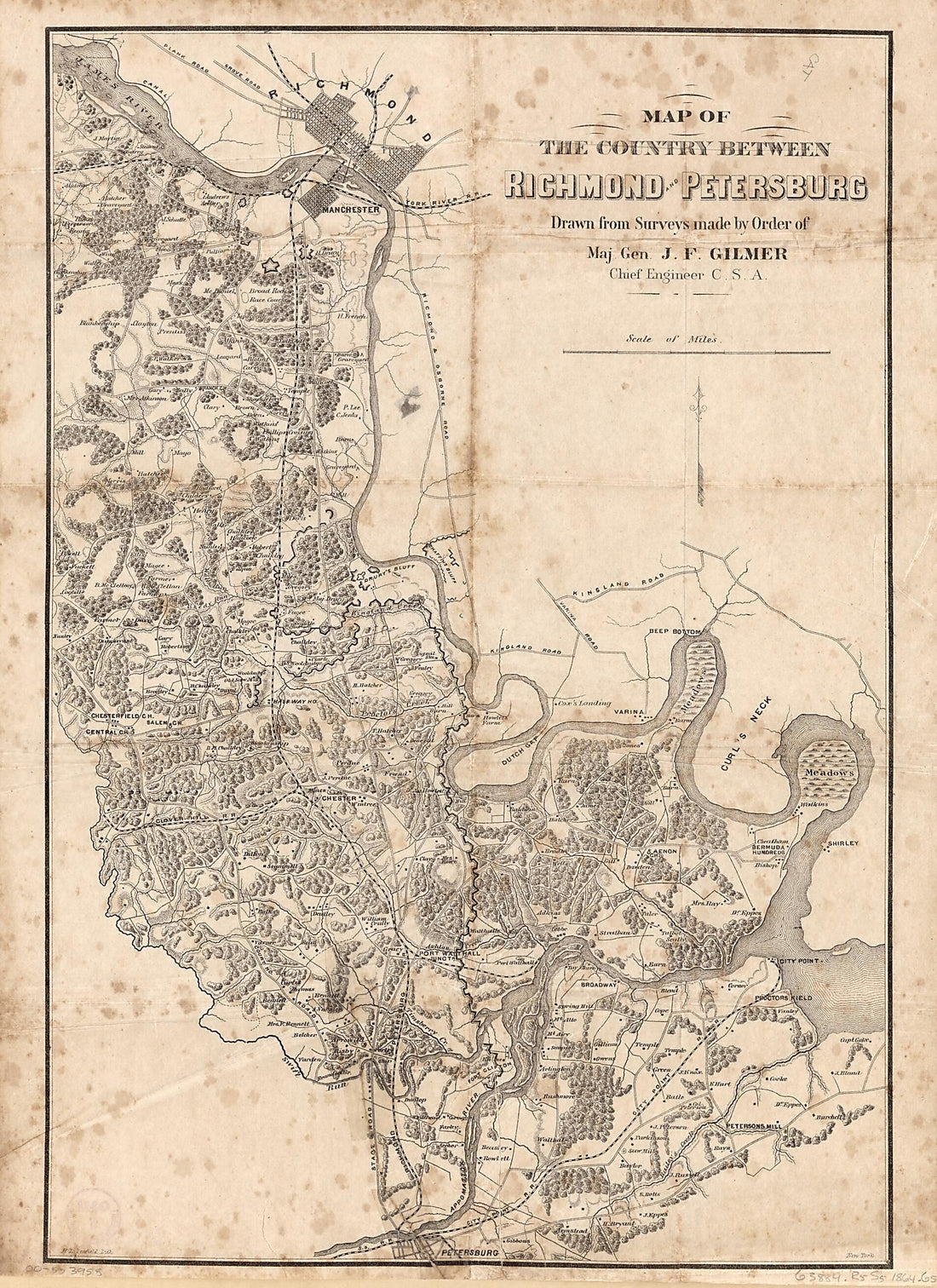 This old map of Map of the Country Between Richmond and Petersburg from 1864 was created by Jeremy Francis Gilmer, Henry L. Penfield in 1864