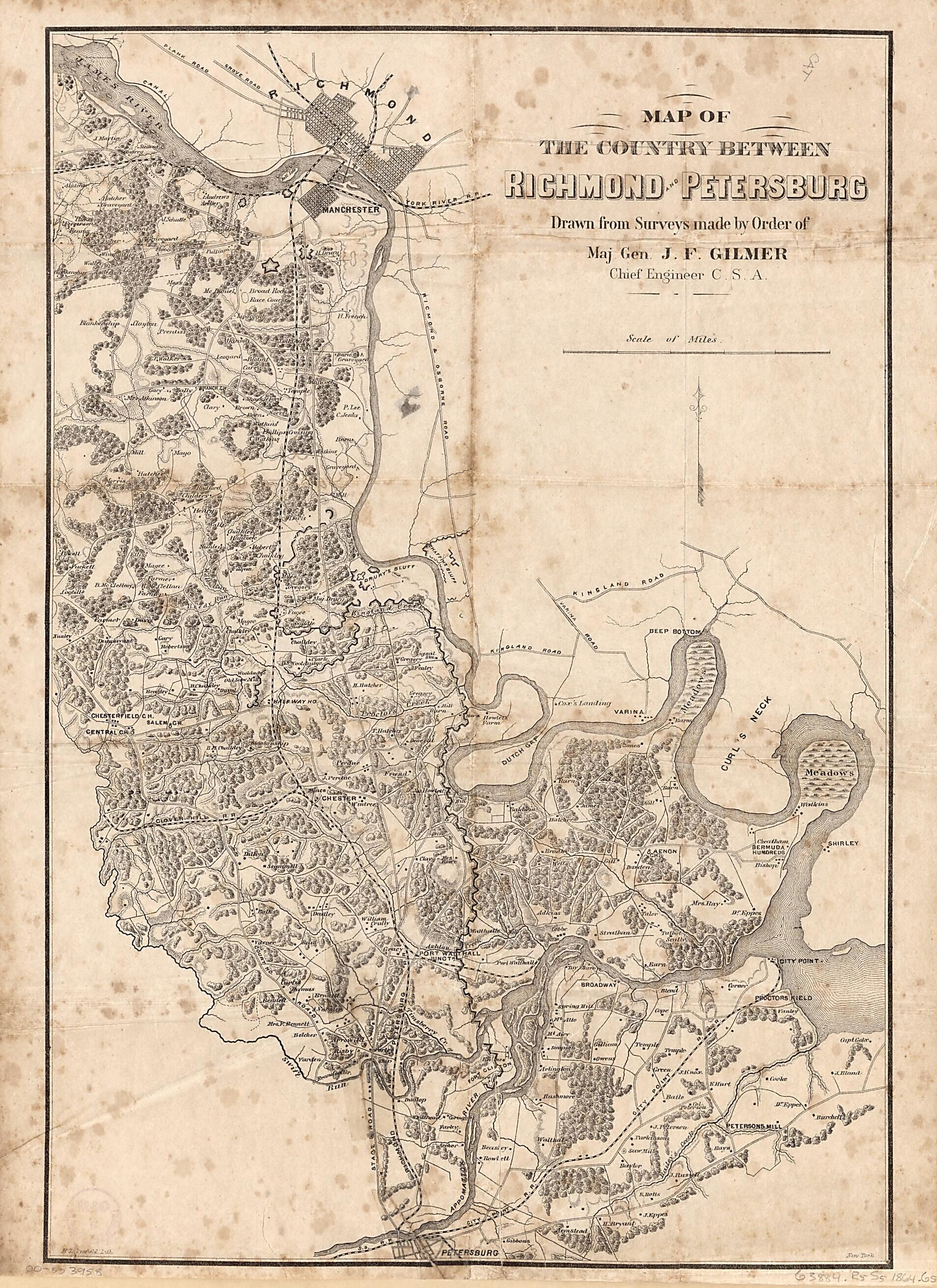 This old map of Map of the Country Between Richmond and Petersburg from 1864 was created by Jeremy Francis Gilmer, Henry L. Penfield in 1864