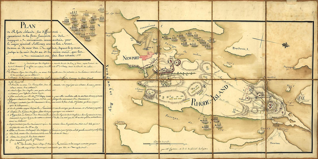 This old map of Plan De Rhode Islande, Les Differentes Operations De La Flotte Françoise Et Des Trouppes Américaines Commandeés Par Le Major Général Sullivan Contre Les Forces De Terre Et De Mer Des Anglois Depuis Le 9 Aout Jusqu&