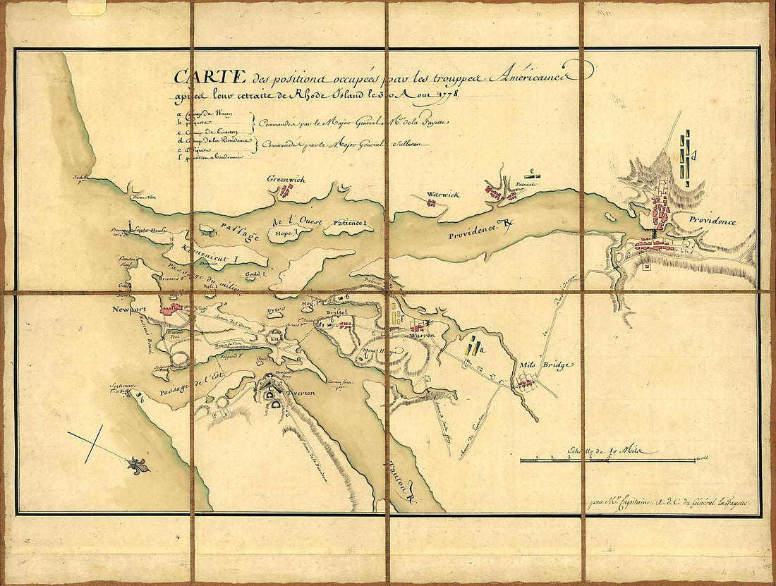 This old map of Carte Des Positions Occupeés Par Les Trouppes Américaines Apres Leur Retraite De Rhode Island Le 30 Aout from 1778 was created by Michel Capitaine Du Chesnoy, Marie Joseph Paul Yves Roch Gilbert Du Motier Lafayette in 1778