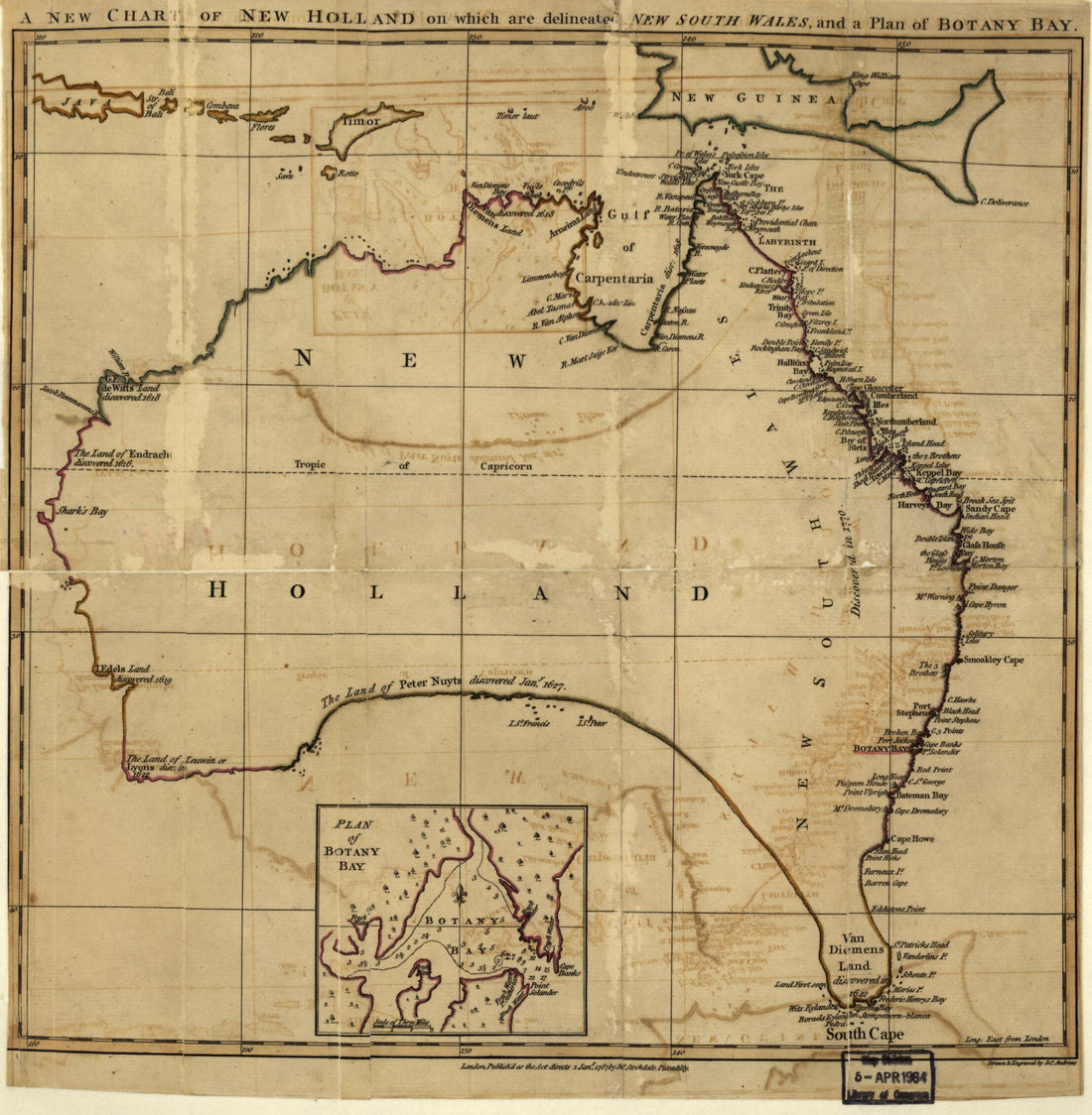 This old map of A New Chart of New Holland On Which Are Delineated New South Wale, and a Plan for Botany Bay from 1767 was created by John Stockdale in 1767