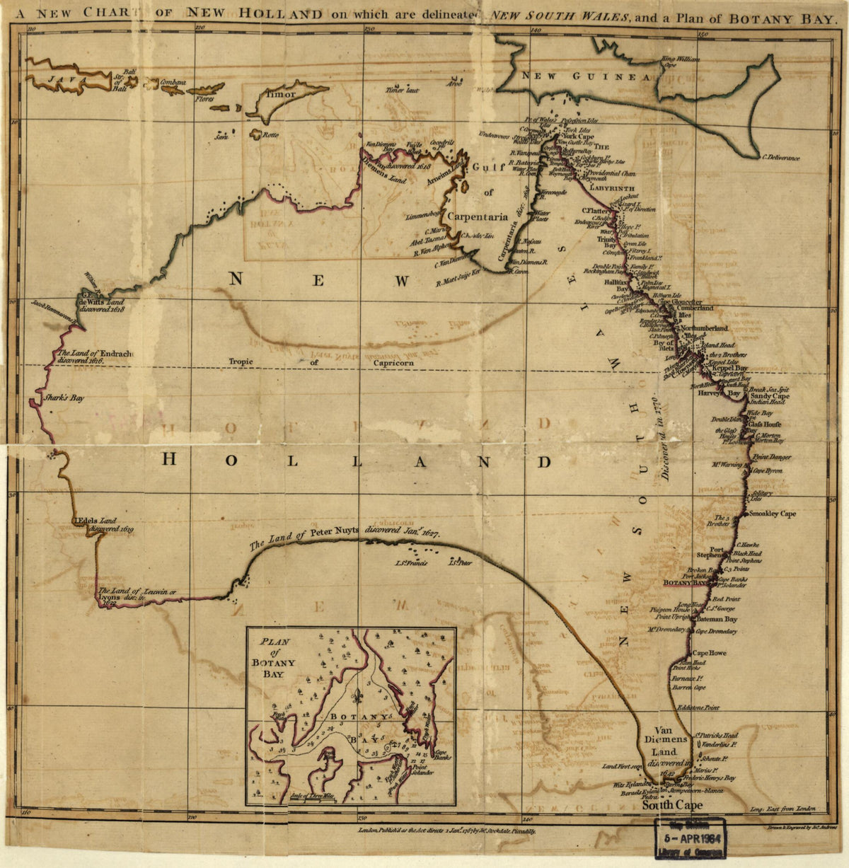 A New Chart of New Holland On Which Are Delineated New South Wale, and a Plan for Botany Bay in 1767 by Relic Map Company