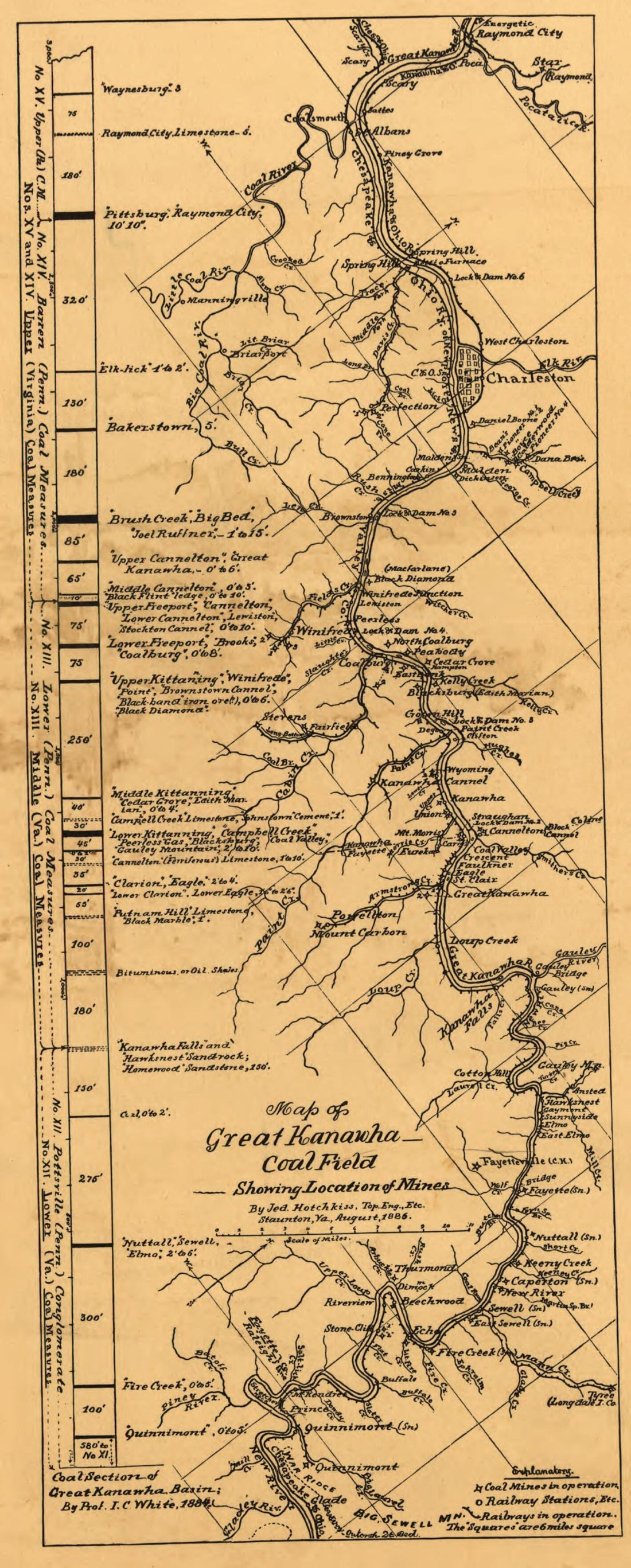 This old map of Map of Great Kanawha Coal Field Showing Location of Mines from 1886 was created by Jedediah Hotchkiss in 1886