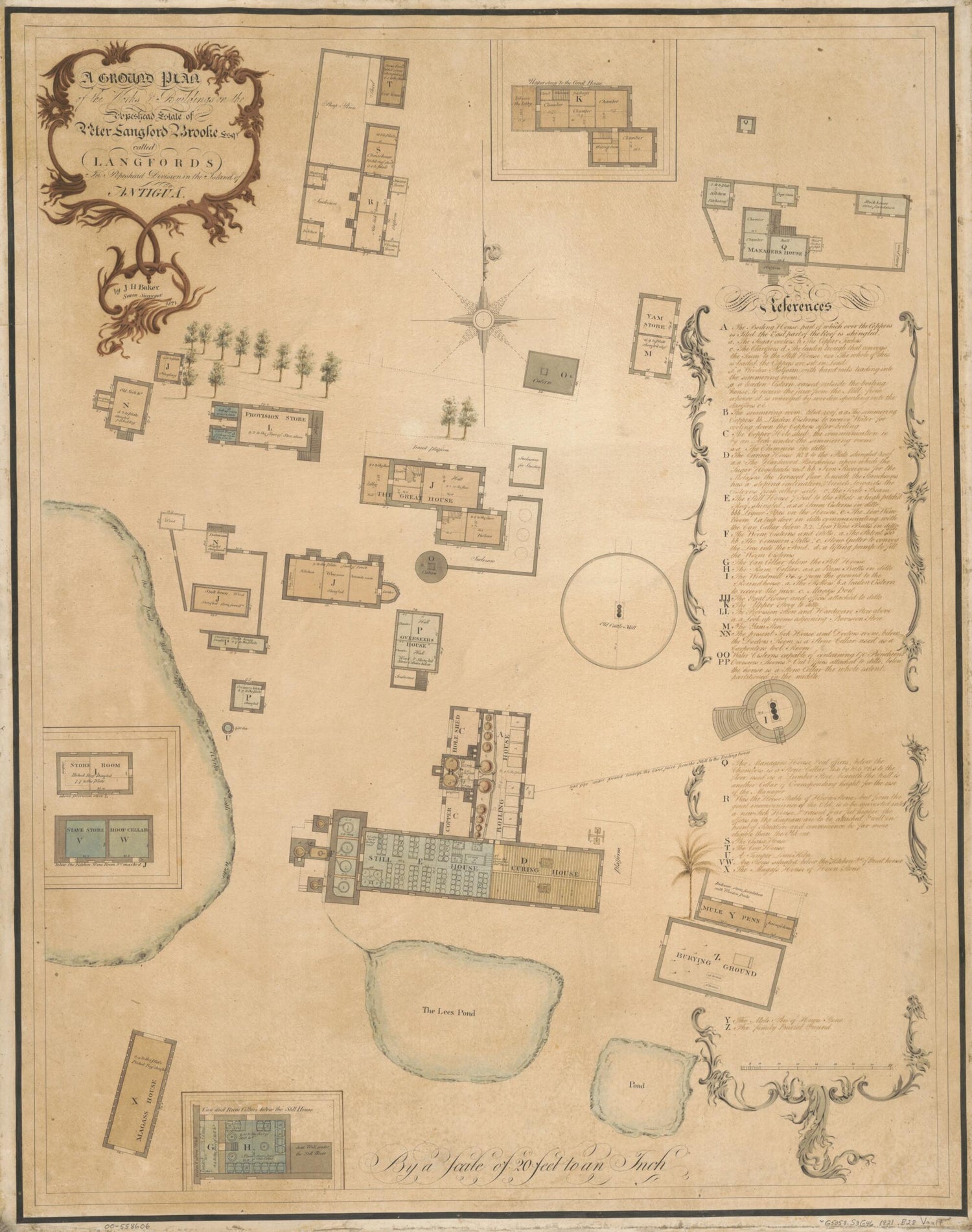 This old map of A Ground Plan of the Works &amp; Buildings On the Popeshead Estate of Peter Langford Brooke, Esqr., Called Langfords In Popeshead Division In the Island of Antigua from 1821 was created by J. H. Baker, Peter Langford Brooke in 1821