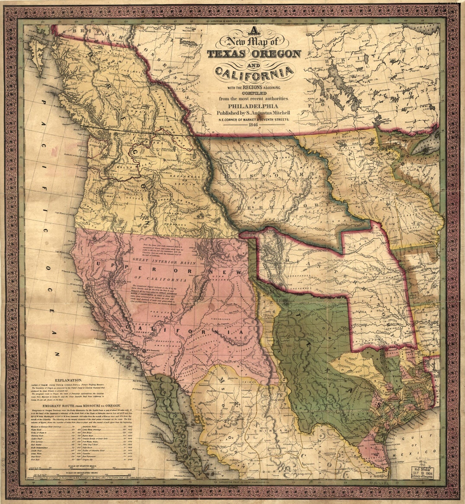 This old map of A New Map of Texas, Oregon and California from 1846 was created by S. Augustus (Samuel Augustus) Mitchell in 1846