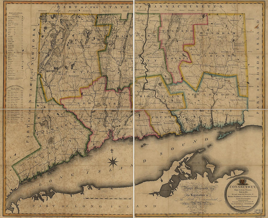 This old map of Connecticut, from Actual Survey from 1813 was created by George Gillet,  Hudson &amp; Goodwin, Moses Warren in 1813