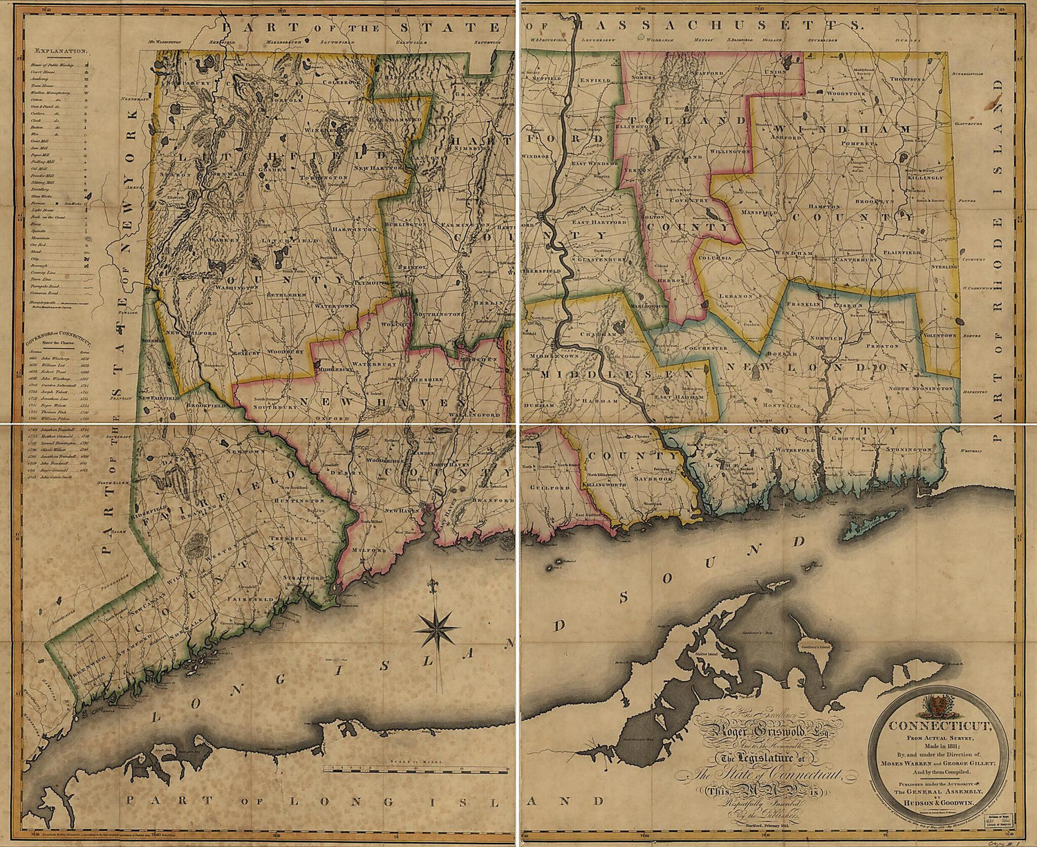 This old map of Connecticut, from Actual Survey from 1813 was created by George Gillet,  Hudson &amp; Goodwin, Moses Warren in 1813