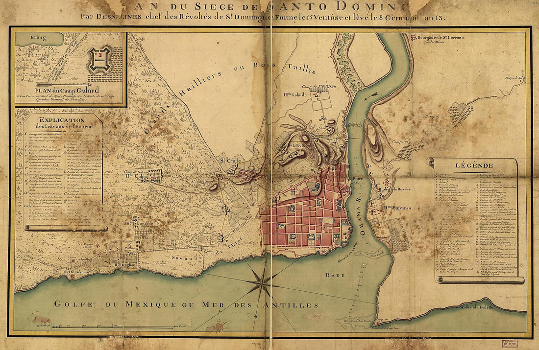This old map of Plan Du Siège De Santo Domingo Par Dessalines, Chef Des Révoltes De St. Domingue, Forme Le 15 Ventôse Et Levé Le 8 Germinal an 13 from 1805 was created by  Jacques in 1805