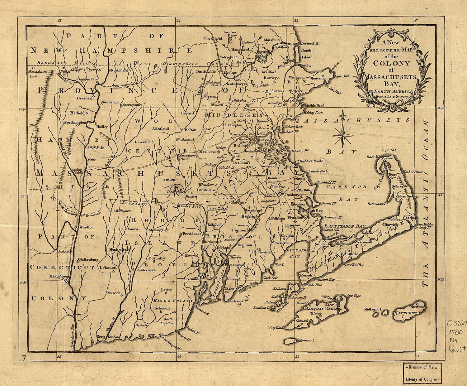 This old map of A New and Accurate Map of the Colony of Massachusets i.e. Massachusetts Bay, In North America, from a Late Survey. (New and Accurate Map of the Colony of Massachusets Bay, New and Accurate Map of the Colony of Massachusetts Bay) from 1780