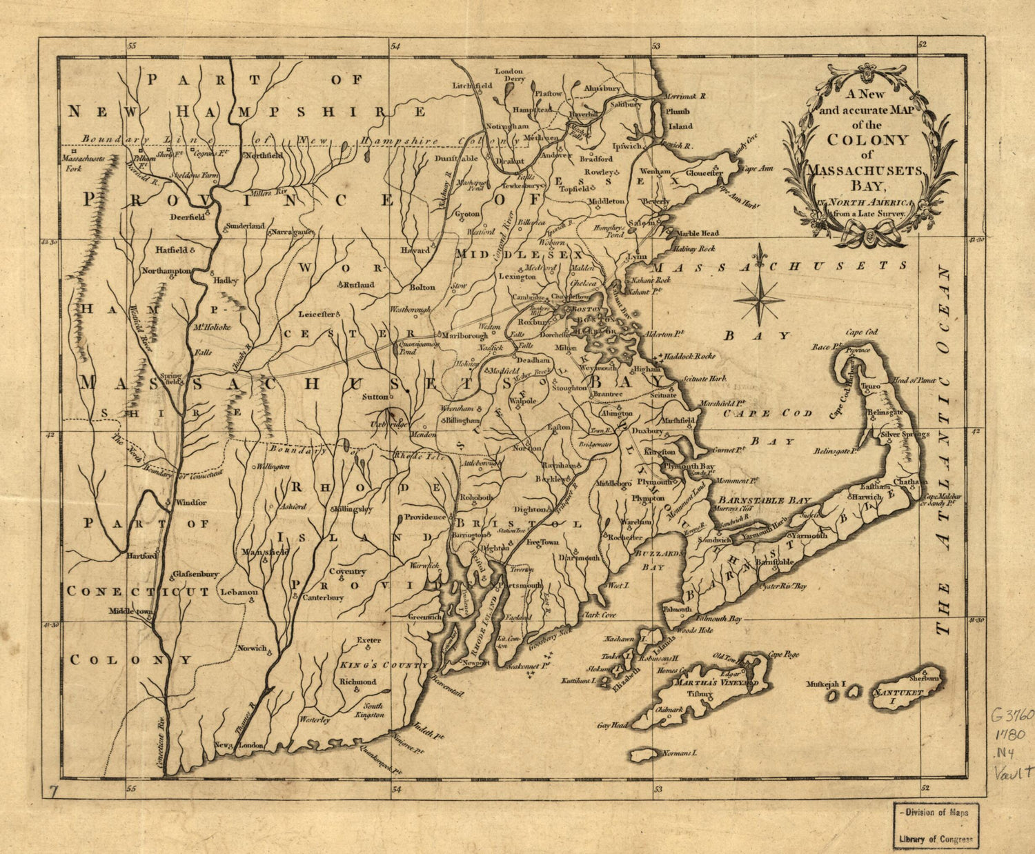 This old map of A New and Accurate Map of the Colony of Massachusets i.e. Massachusetts Bay, In North America, from a Late Survey. (New and Accurate Map of the Colony of Massachusets Bay, New and Accurate Map of the Colony of Massachusetts Bay) from 1780 was created by John Hinton in 1780