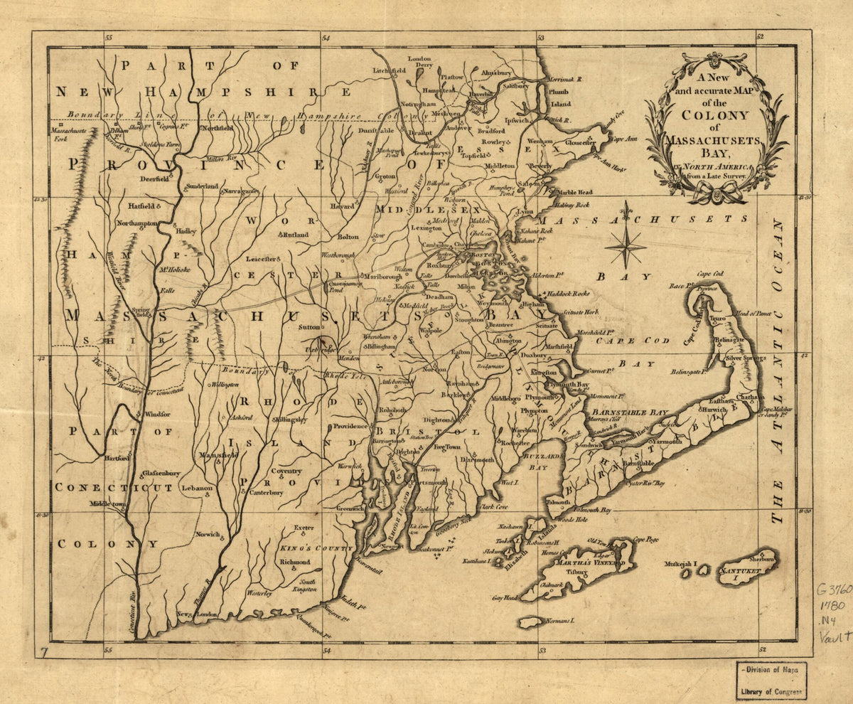 A New and Accurate Map of the Colony of Massachusets i.e. Massachusetts Bay, In North America, from a Late Survey. (New and Accurate Map of the Colony of Massachusets Bay, New and Accurate Map of the Colony of Massachusetts Bay) 1780 by Relic Map Company