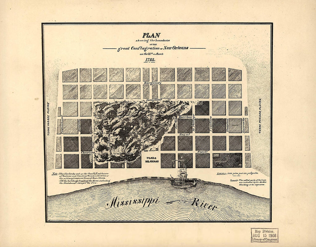 This old map of Plan Showing the Boundaries of the Great Conflagration of New Orleans On the 21st of March 1788 from 1900 was created by  in 1900