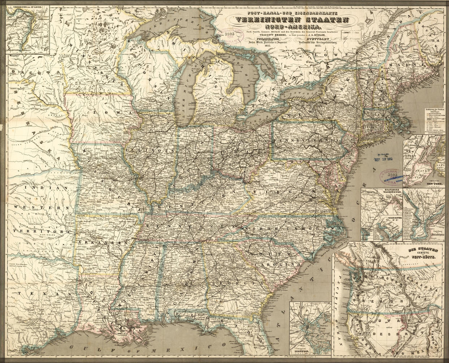 Kanal-und Eisenbahnkarte Der Verbeinigten Staaten Von Nord-Amerika : Nach Smith, Tanner, Mitchell Und Den Berichten Des General-Postamts 1855 by Relic Map Company