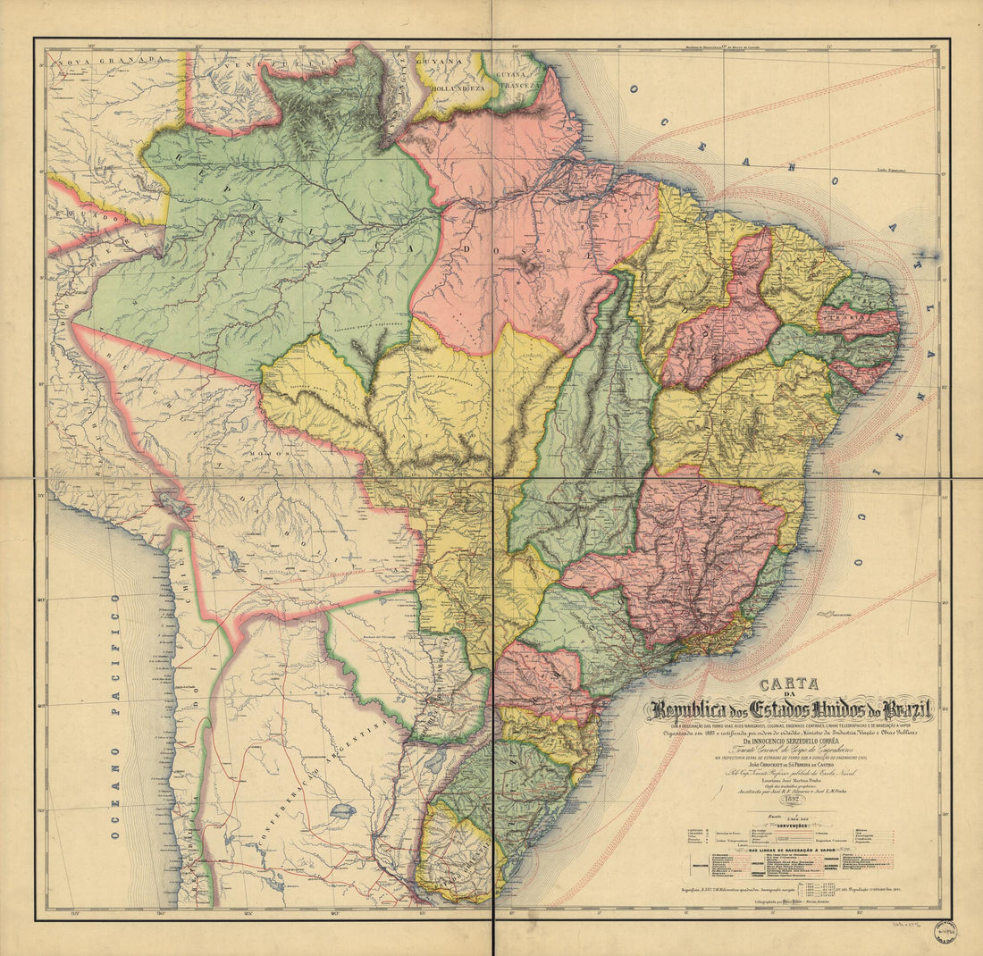 This old map of Carta Da Republica Dos Estados Unidos Do Brazil from 1892 was created by Serzedelo Correia, Lauriano José Martins Penha in 1892