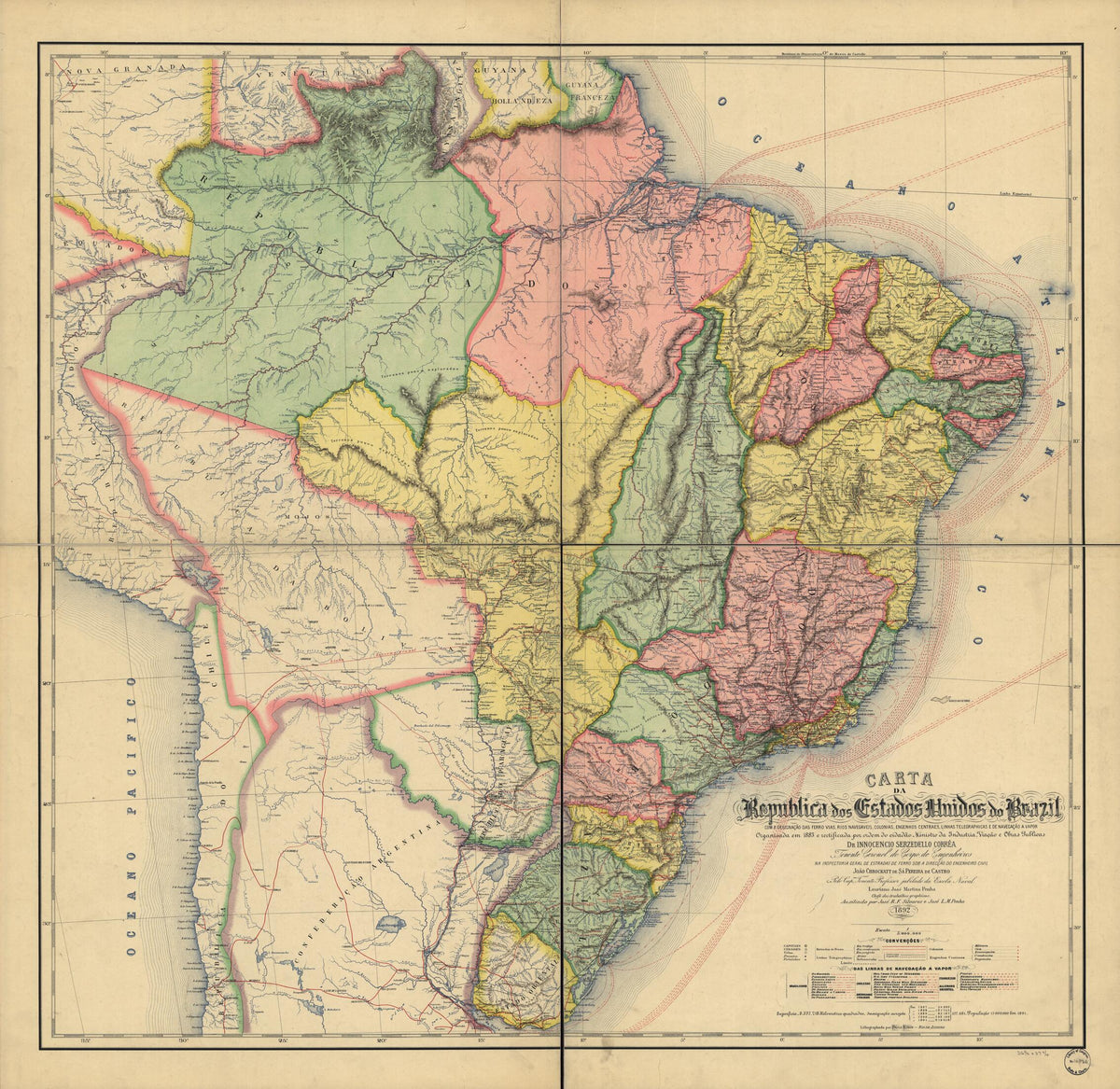 Carta Da Republica Dos Estados Unidos Do Brazil 1892 by Relic Map Company