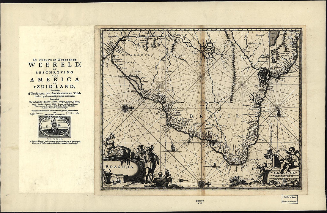 This old map of Brasilia from 1671 was created by Jacob Van Meurs, Arnoldus Montanus in 1671