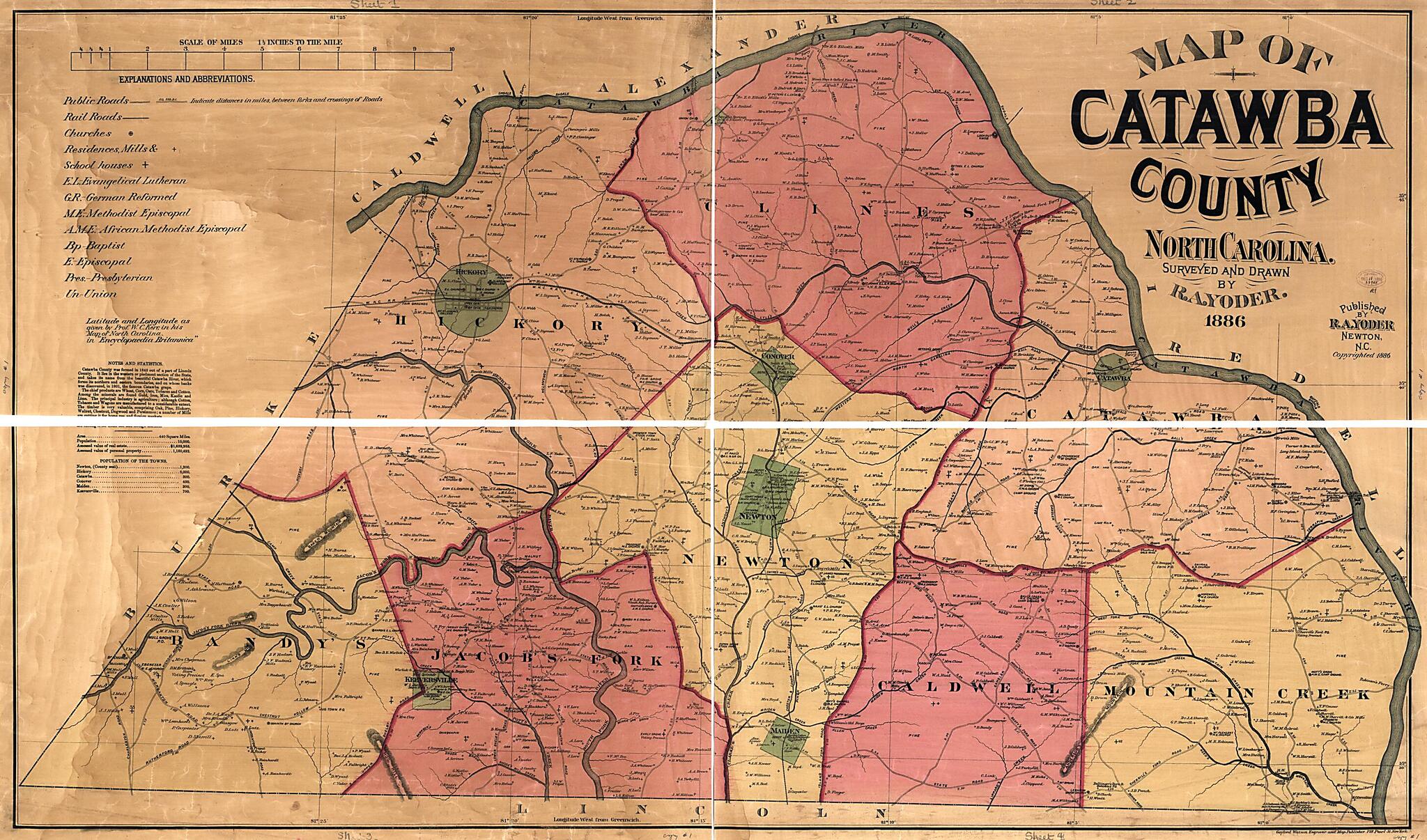 This old map of Map of Catawba County, North Carolina from 1886 was created by R. A. (Robert Anderson) Yoder in 1886