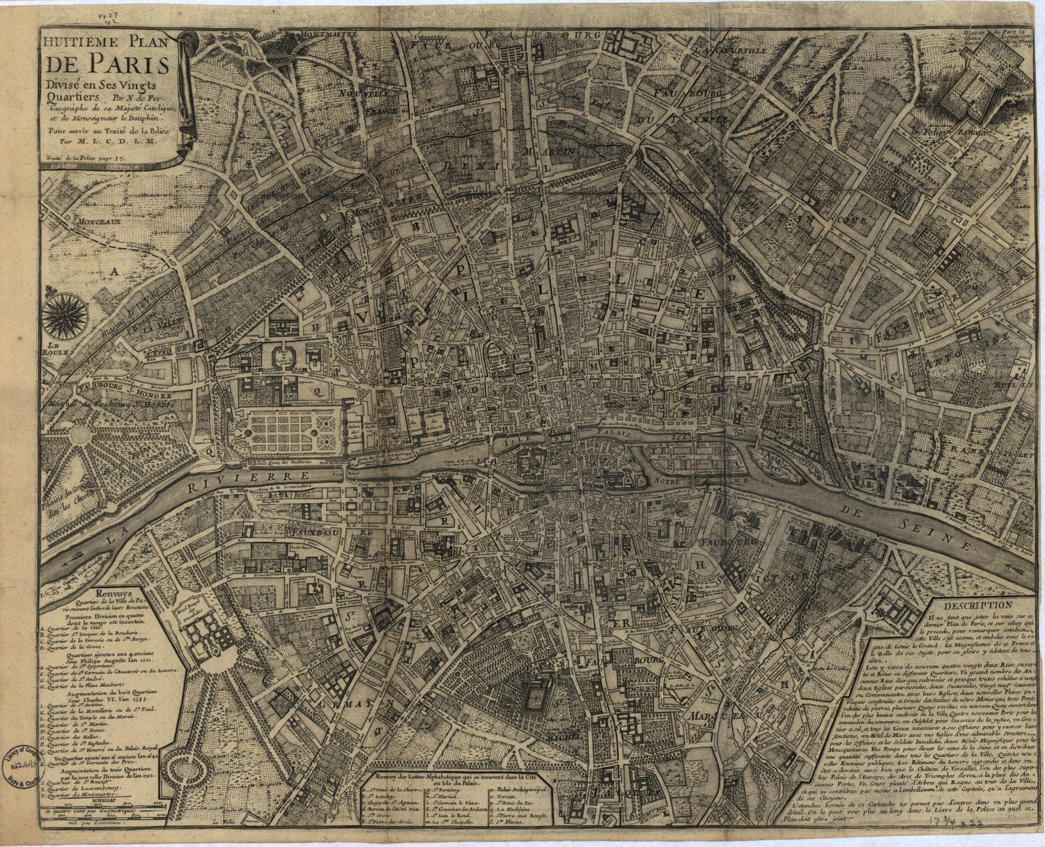 This old map of Huitieme Plan De Paris Divisé En Ses Vingts Quartiers from 1705 was created by Nicolas De Fer, Nicolas De La Mare in 1705