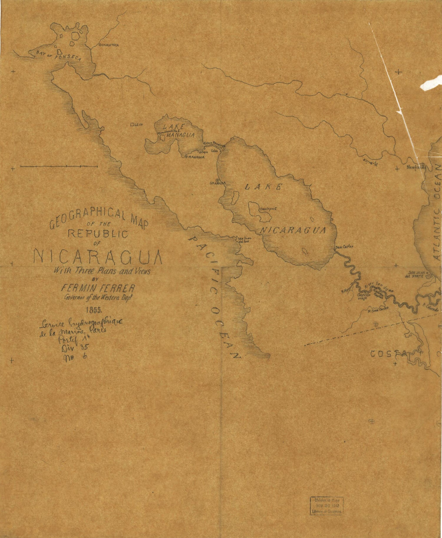 This old map of Geographical Map of the Republic of Nicaragua from 1855 was created by Fermin Ferrer in 1855