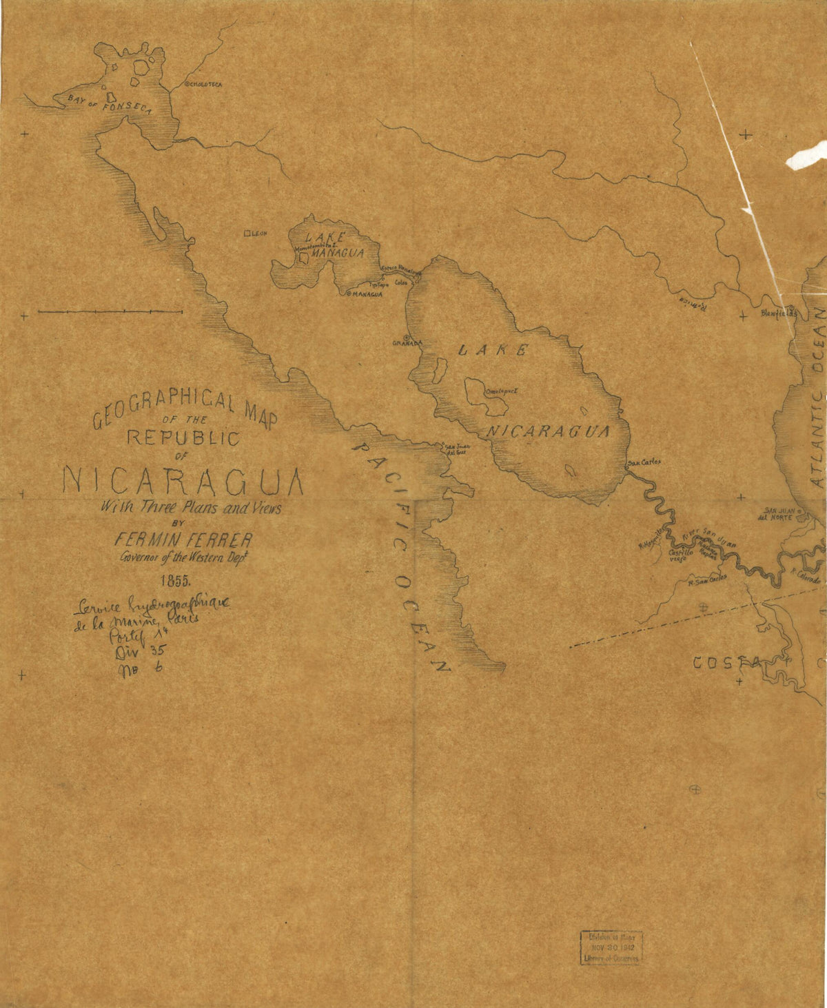 Geographical Map of the Republic of Nicaragua 1855 by Relic Map Company