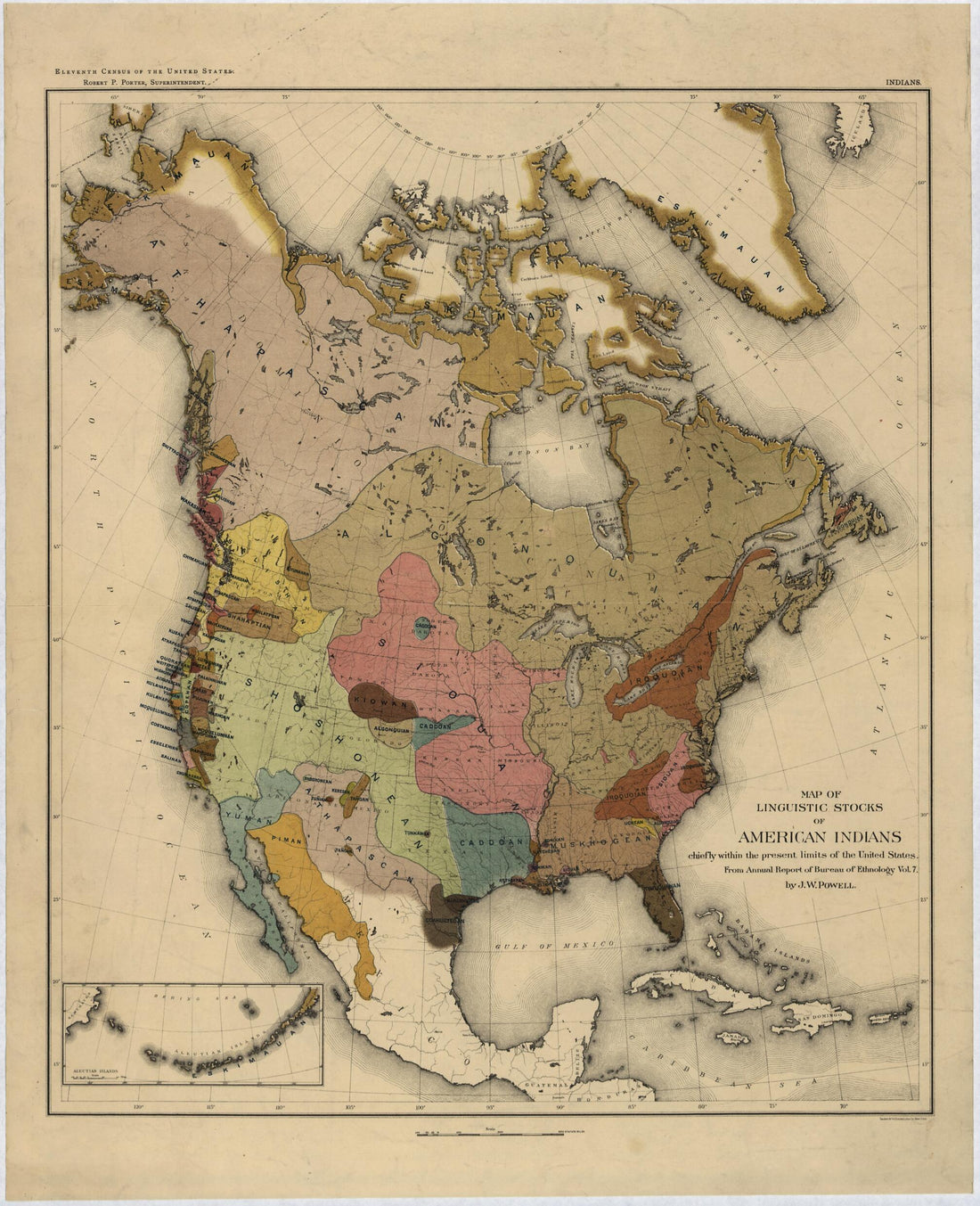 This old map of Map of Linguistic Stocks of American Indians from 1890 was created by John Wesley Powell in 1890