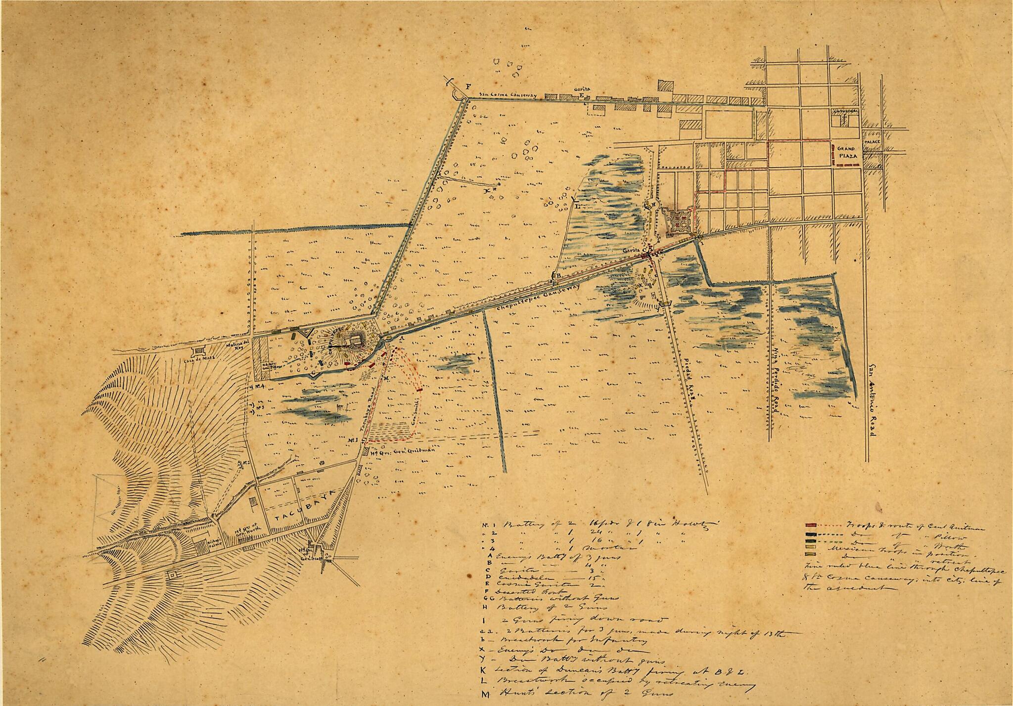 This old map of United States Attack of Mexico City, September 13th and 14th, from 1847 was created by Joseph Goldsborough Bruff in 1847