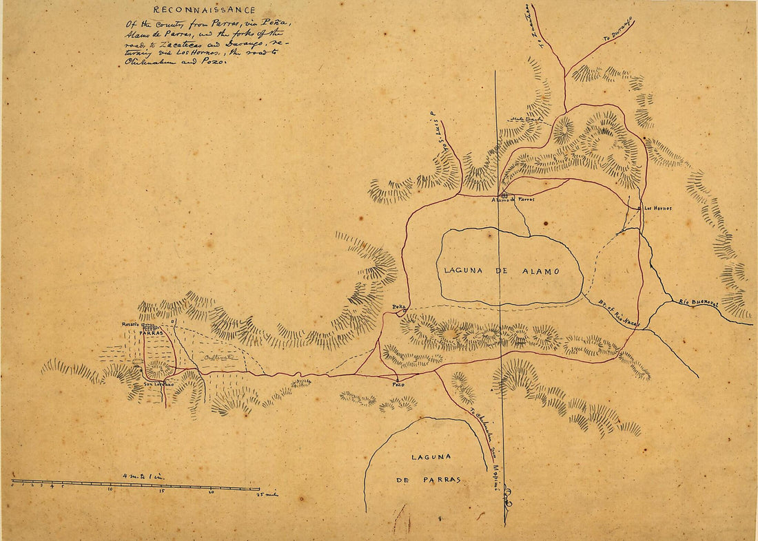 This old map of Reconnaissance of the Country from Parras Via Peña, Alamo De Parras, and the Forks of the Roads to Zacatecas and Durango, Returning Via Los Hornos, the Road to Chihuahua and Pozo from 1846 was created by Joseph Goldsborough Bruff in 1846