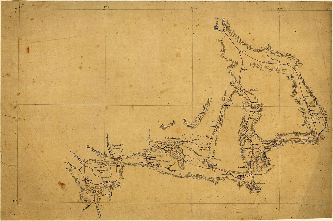 This old map of Sketch of Area of Northeastern Mexico Bounded by Monclova, Monterrey, Saltillo, and Parras from 1846 was created by Joseph Goldsborough Bruff in 1846
