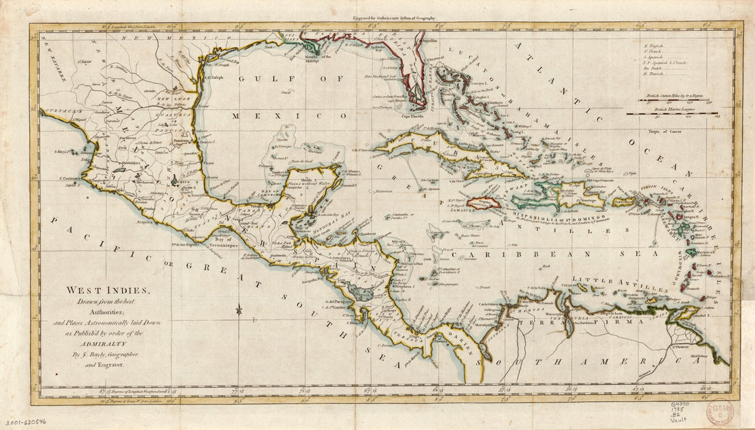 This old map of West Indies from 1785 was created by J. Bayly in 1785