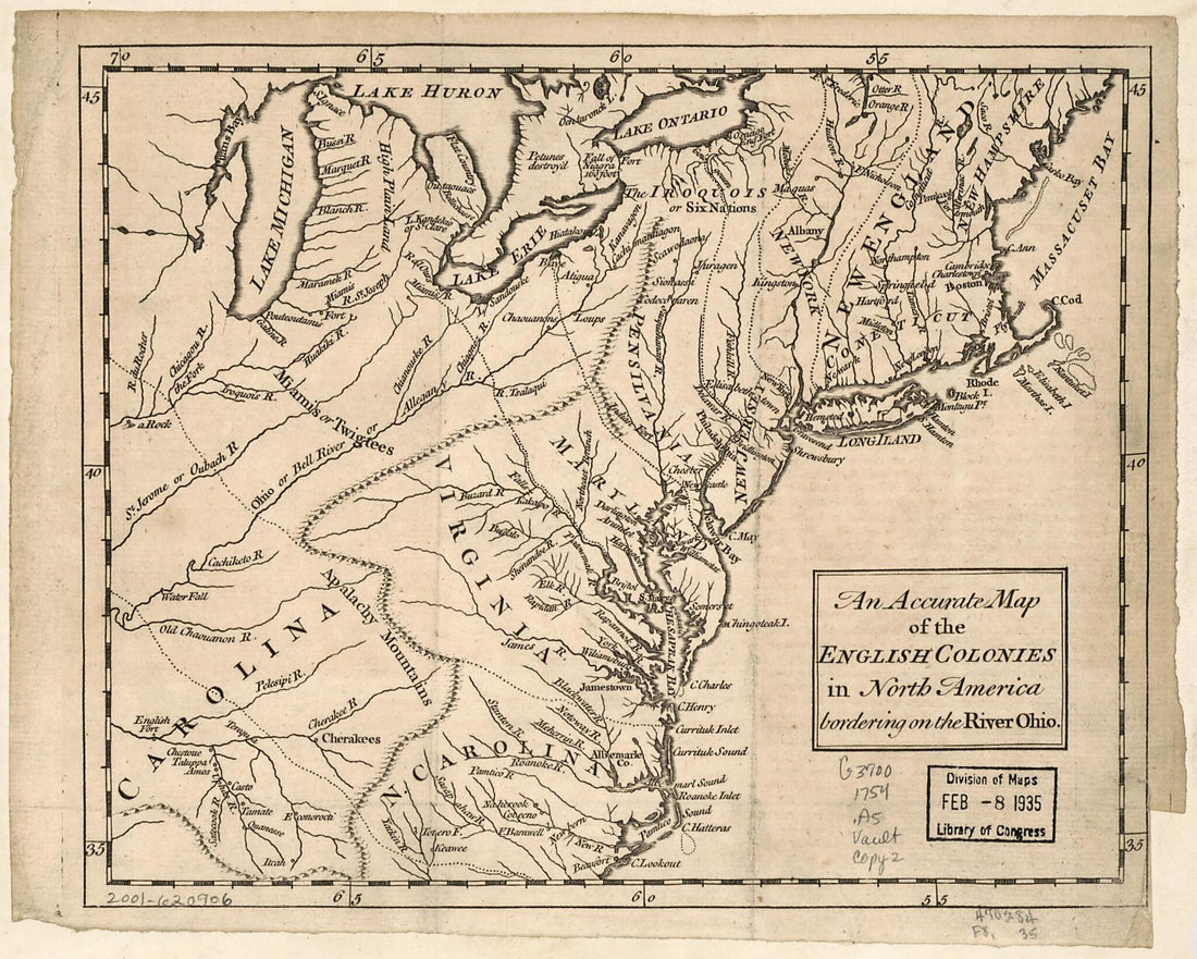 An Accurate Map of the English Colonies In North America, Bordering On the River Ohio 1754 by Relic Map Company