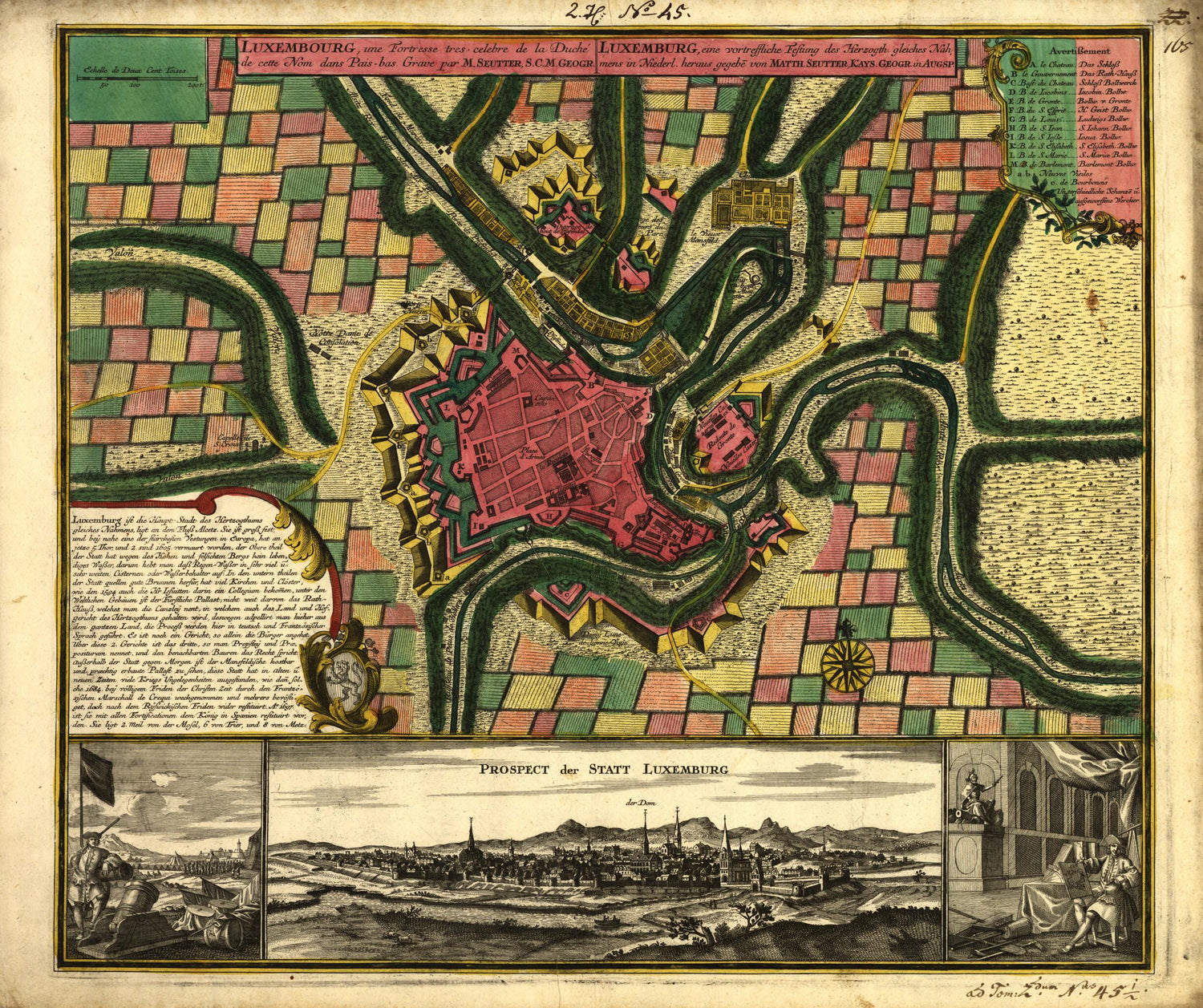 This old map of Celebre De La Duché De Cette Nom Dans Pais-Bas (Luxemburg, Eine Vortressliche Festung Des Herzogth. Gleiches Nahmens In Niederl) from 1730 was created by Matthaeus Seutter in 1730