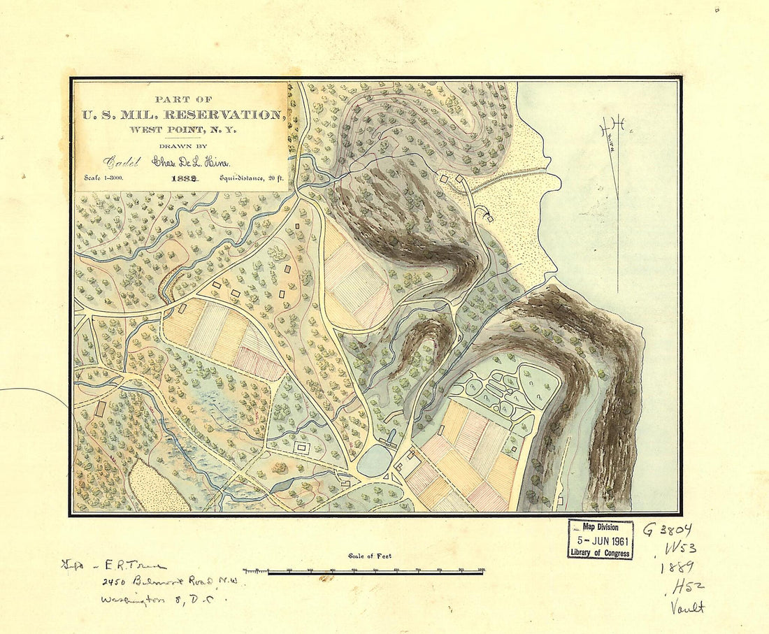 This old map of Part of U.S. Mil. Reservation, West Point, New York from 1889 was created by Charles De Lano Hine in 1889