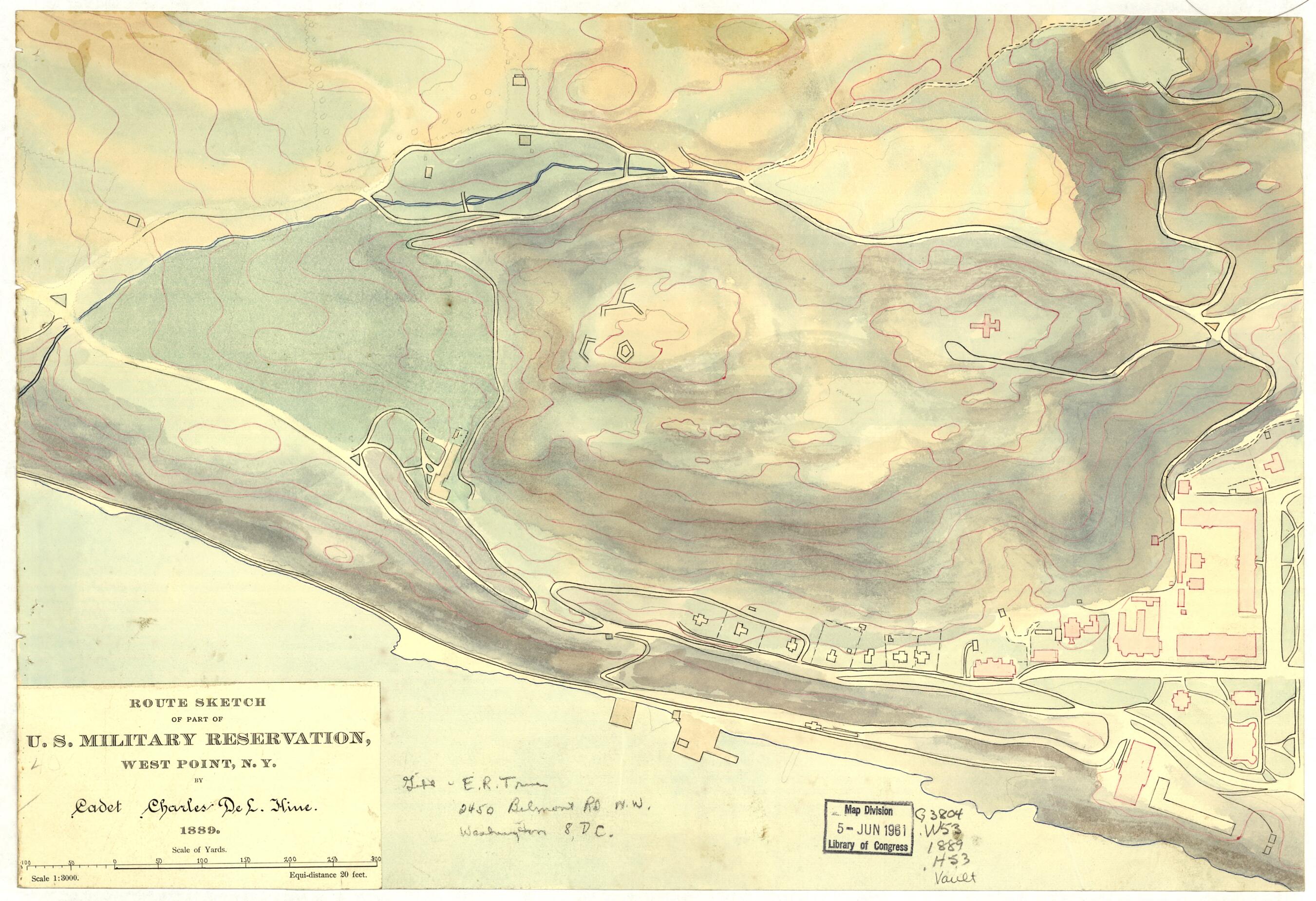This old map of Route Sketch of Part of U.S. Military Reservation, West Point, New York from 1889 was created by Charles De Lano Hine in 1889