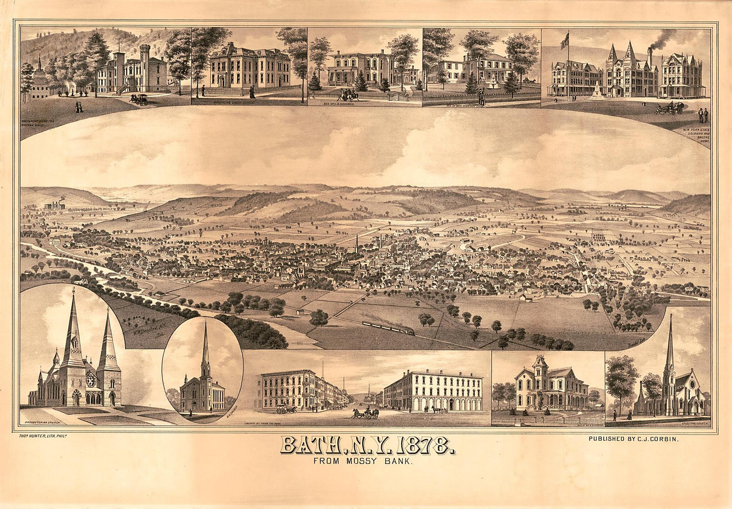 This old map of Bath, New York, from 1878, from Mossy Bank was created by C. J. Corbin, W. W. (William Wallace) Denslow in 1878