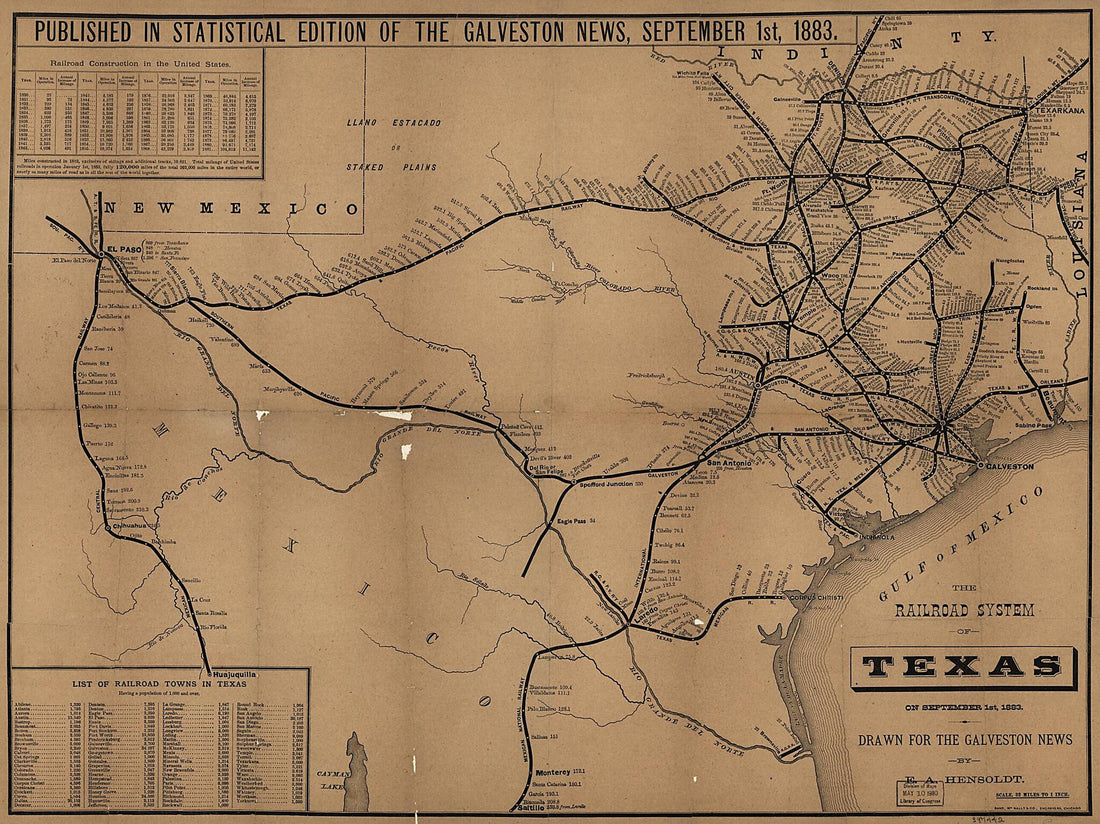 This old map of The Railroad System of Texas On September 1st, from 1883 was created by E. A. Hensoldt,  Rand McNally and Company in 1883