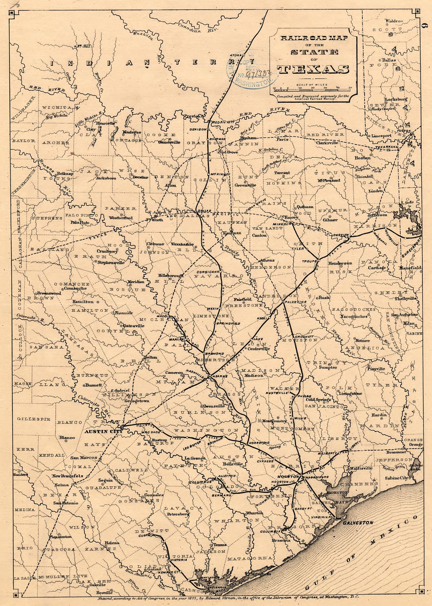 This old map of Railroad Map of the State of Texas from 1873 was created by  in 1873