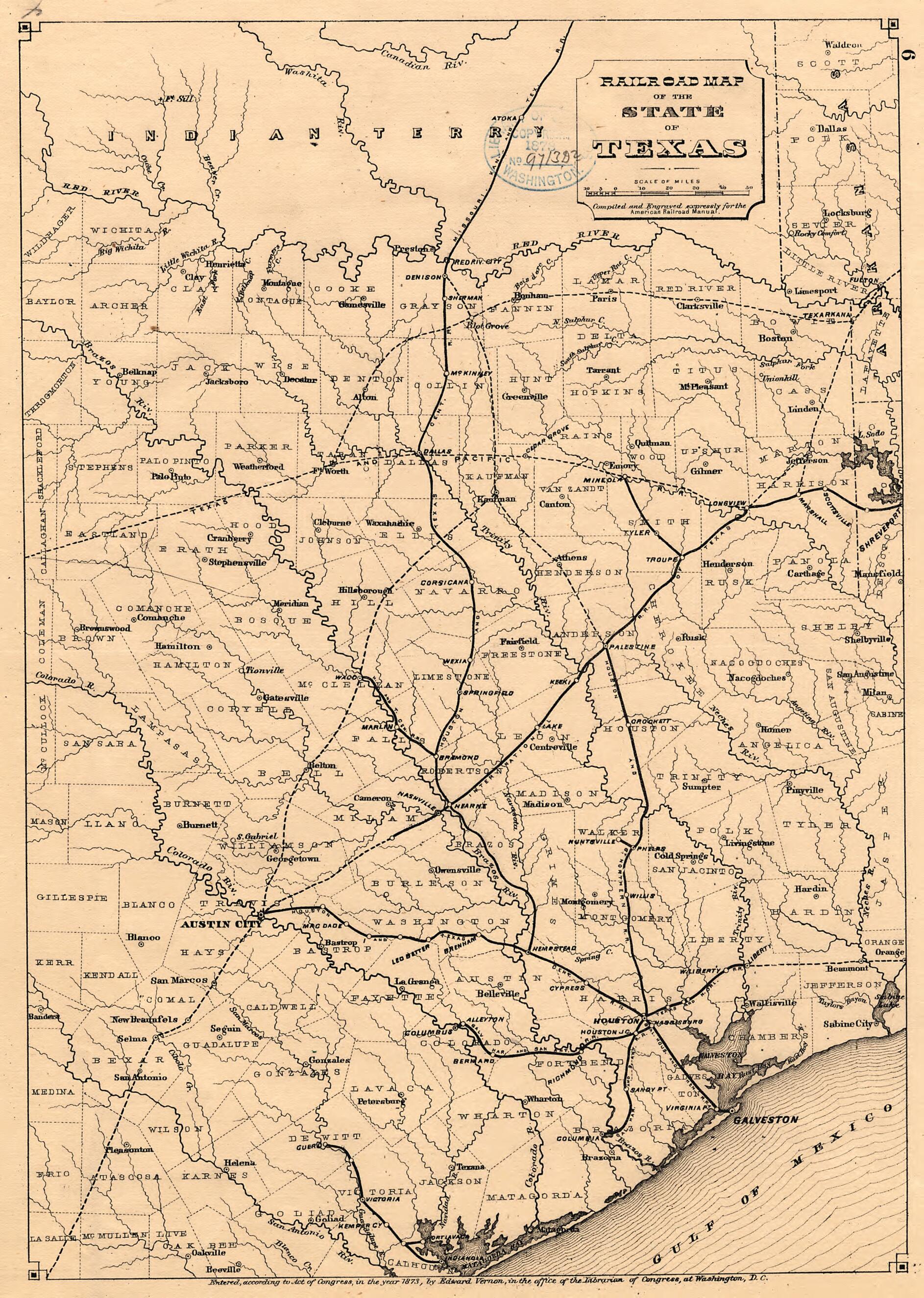 This old map of Railroad Map of the State of Texas from 1873 was created by  in 1873